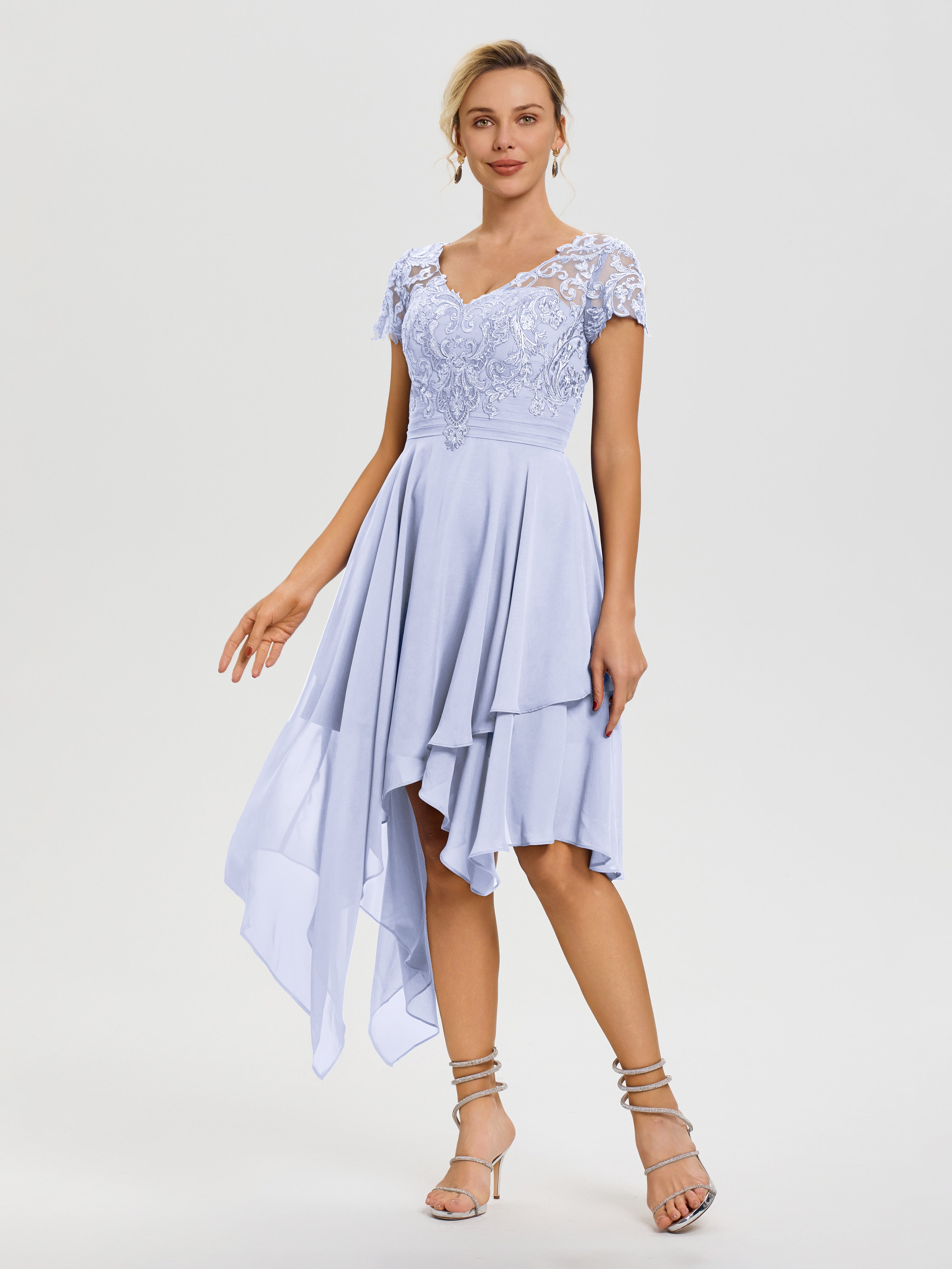 Lavender Dresses For Mother Of The Bride Asymmetrical Sleeves A-Line V-Neck Lace Knee Length Chiffon Mother Of The Bride Dress Lavender Dresses For Mother Of The Bride Asymmetrical Sleeves A-Line V-Neck Lace Knee Length Chiffon Mother Of The Bride Dress