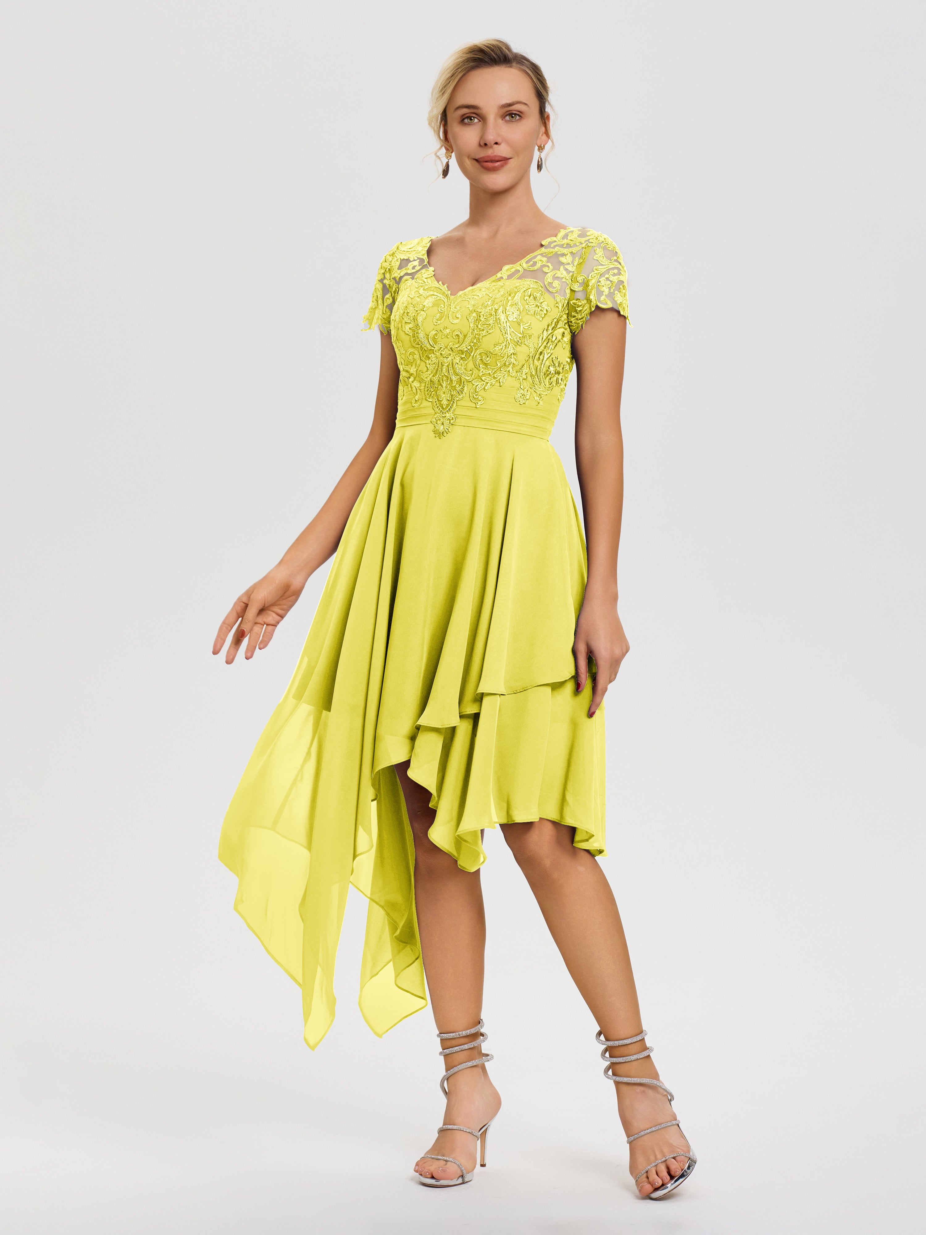 Lemon Dresses For Mother Of The Bride Asymmetrical Sleeves A-Line V-Neck Lace Knee Length Chiffon Mother Of The Bride Dress Lemon Dresses For Mother Of The Bride Asymmetrical Sleeves A-Line V-Neck Lace Knee Length Chiffon Mother Of The Bride Dress