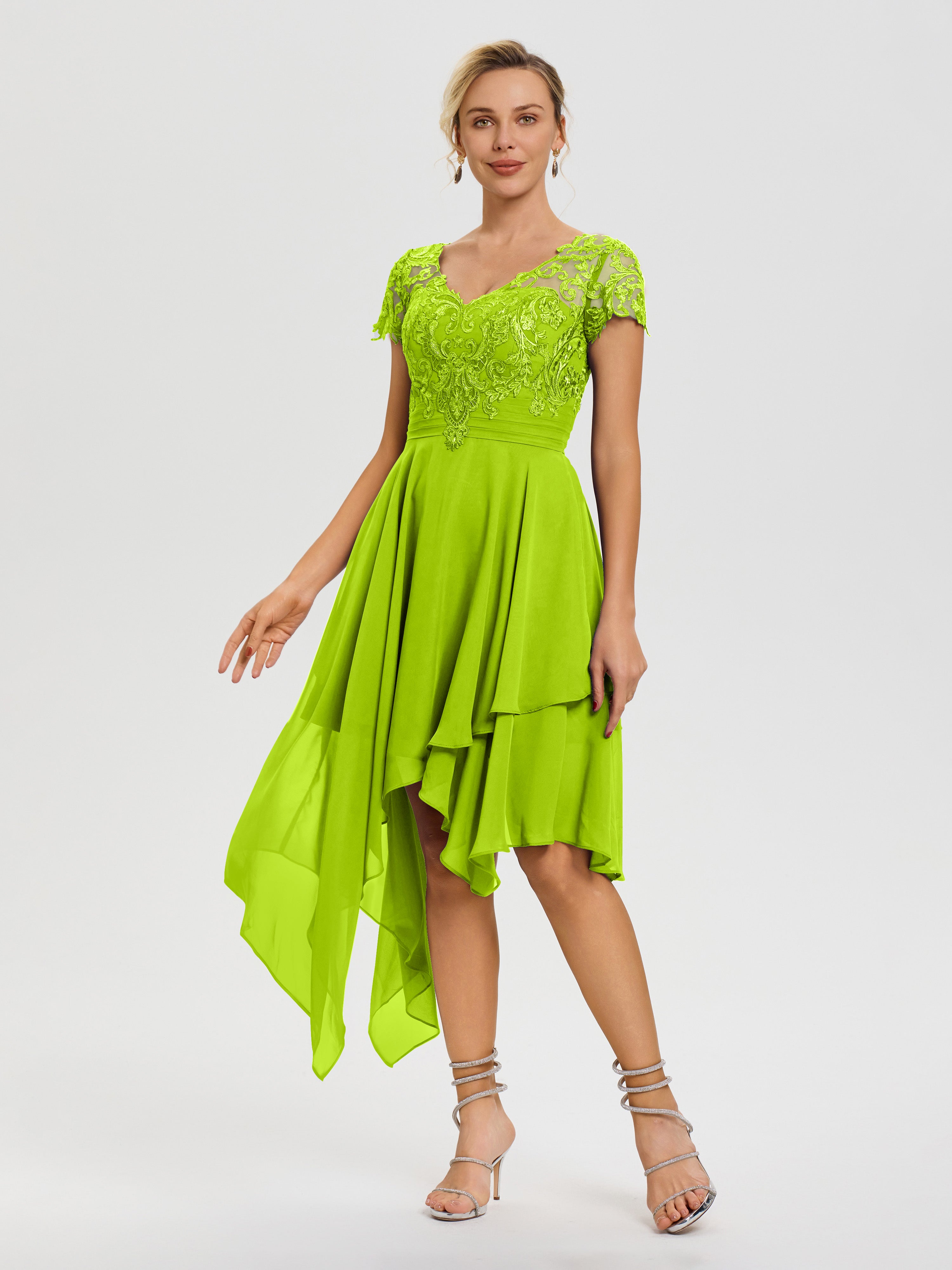 Lime Green Mother Of The Bride Dress Asymmetrical Sleeves A-Line V-Neck Lace Knee Length Chiffon Mother Of The Bride Dress Lime Green Mother Of The Bride Dress Asymmetrical Sleeves A-Line V-Neck Lace Knee Length Chiffon Mother Of The Bride Dress