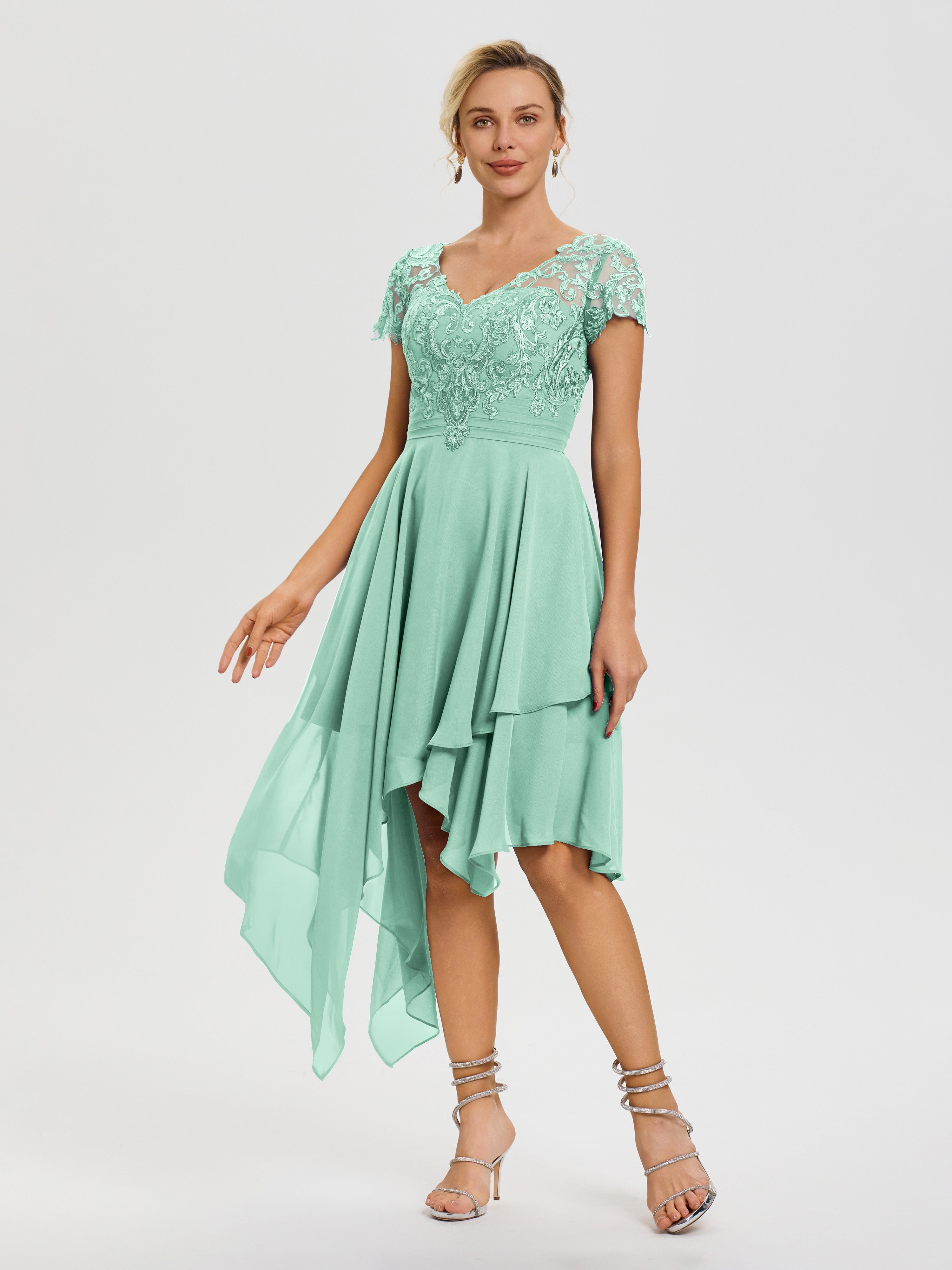 Mint Green Mother Of The Bride Dress Asymmetrical Sleeves A-Line V-Neck Lace Knee Length Chiffon Mother Of The Bride Dress Mint Green Mother Of The Bride Dress Asymmetrical Sleeves A-Line V-Neck Lace Knee Length Chiffon Mother Of The Bride Dress