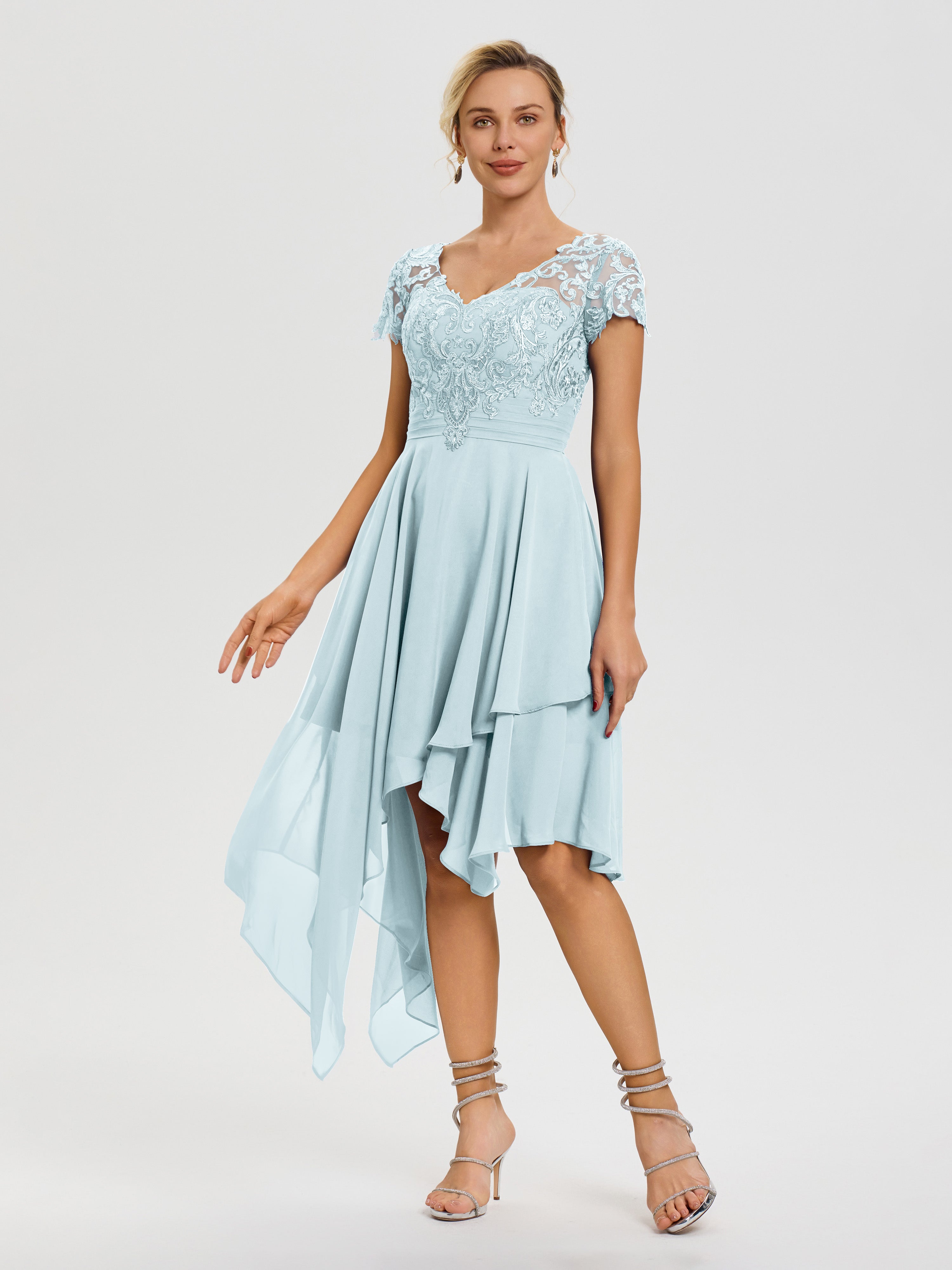 Mother Of The Bride Mist Dresses Asymmetrical Sleeves A-Line V-Neck La Mother Of The Bride Mist Dresses Asymmetrical Sleeves A-Line V-Neck La