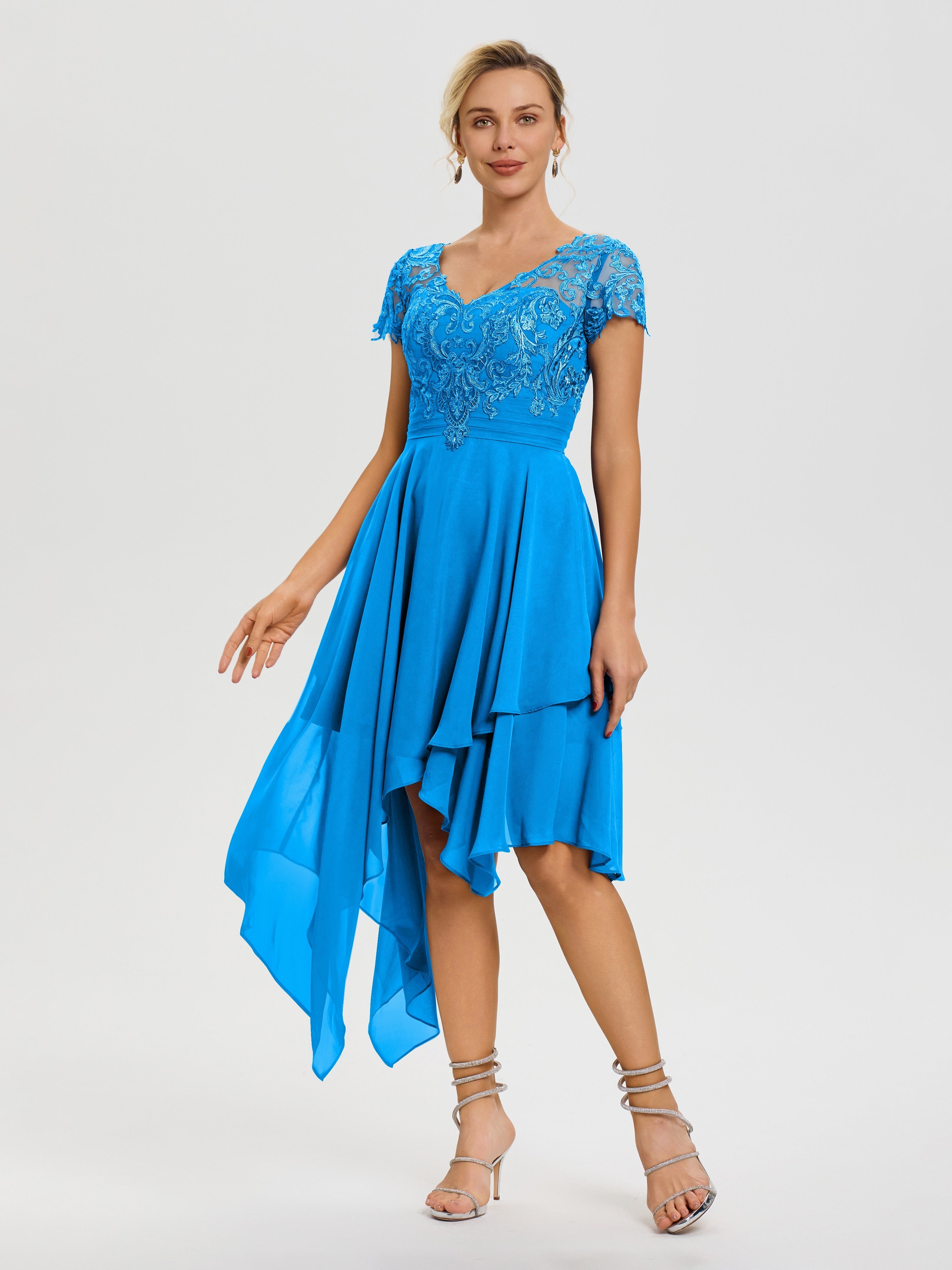 Mother Of The Bride Ocean Blue Dresses Asymmetrical Sleeves A-Line V-N