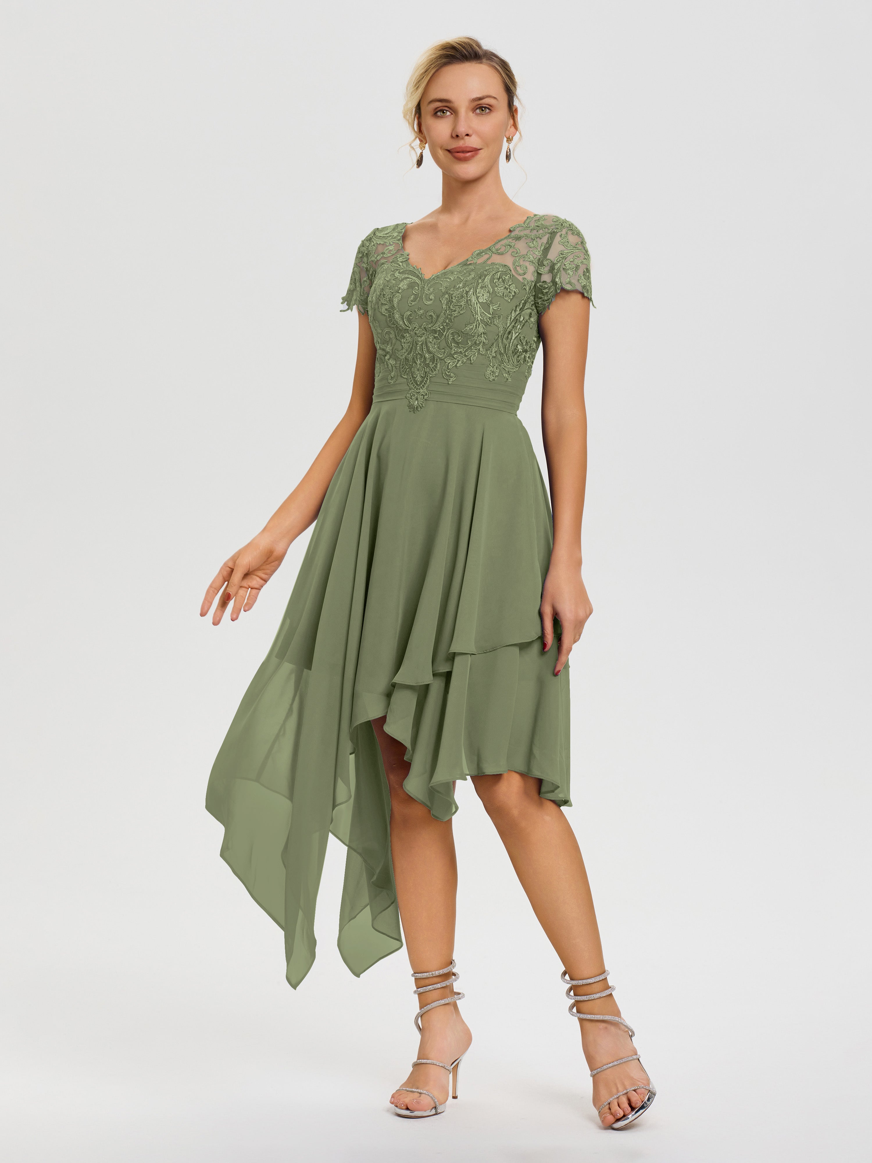 Mother Of The Bride Dress Olive Green Asymmetrical Sleeves A-Line V-Neck Lace Knee Length Chiffon Mother Of The Bride Dress Mother Of The Bride Dress Olive Green Asymmetrical Sleeves A-Line V-Neck Lace Knee Length Chiffon Mother Of The Bride Dress