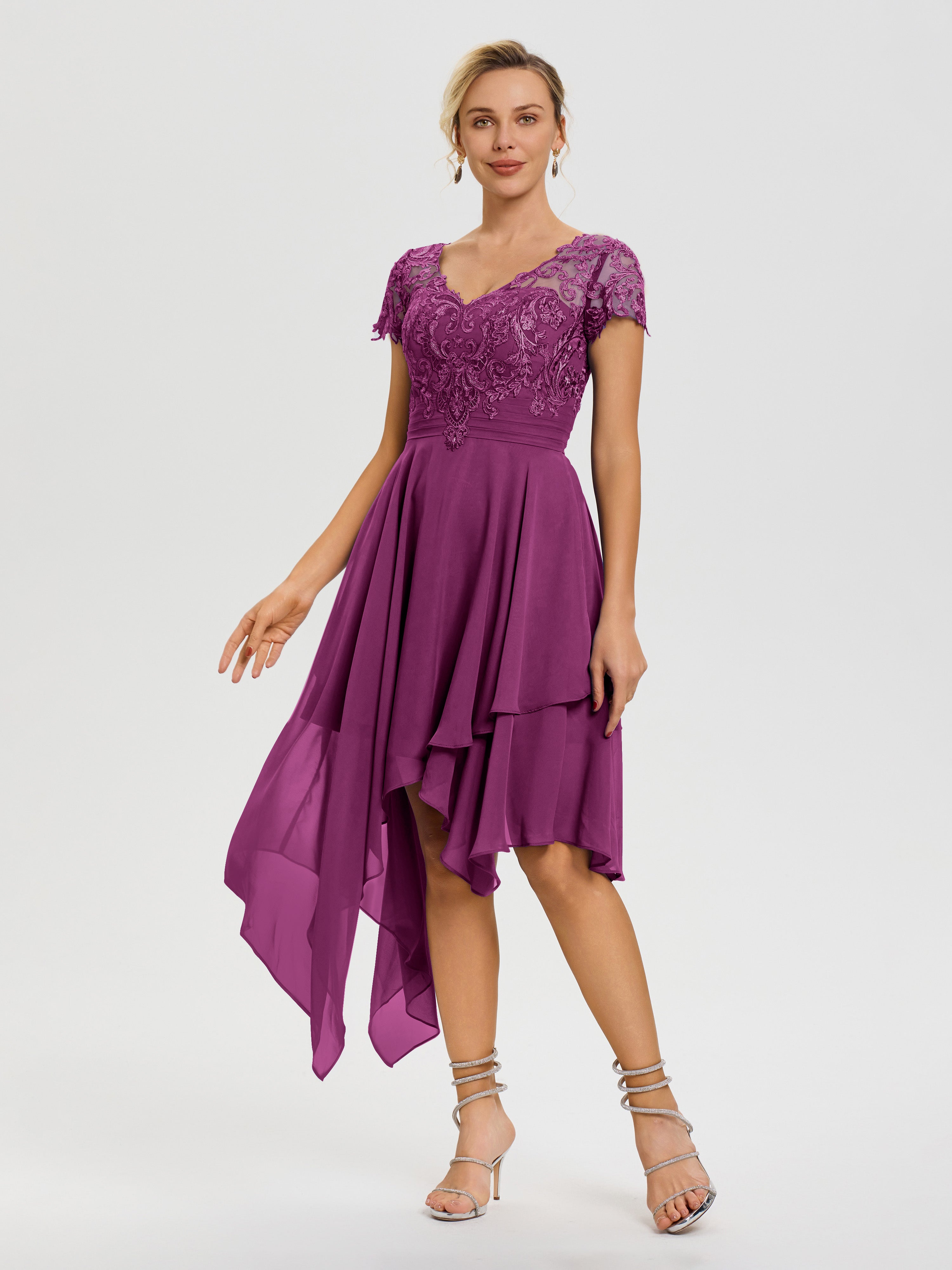 Mother Of The Bride Dress In Orchid Asymmetrical Sleeves A-Line V-Neck Mother Of The Bride Dress In Orchid Asymmetrical Sleeves A-Line V-Neck