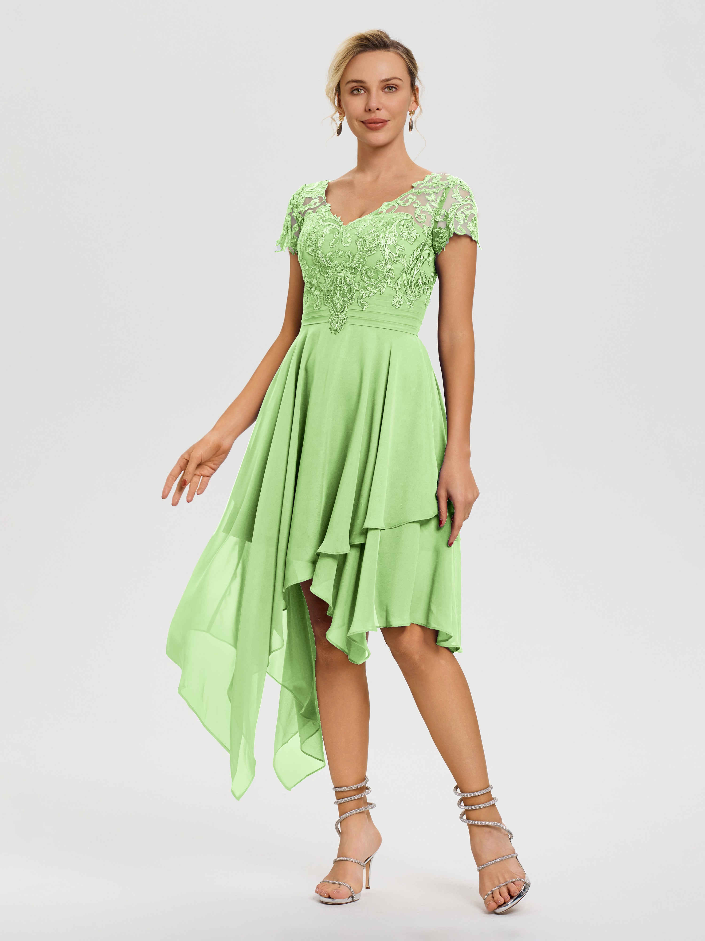 Short Sage Green Dresses Sage Green Mother Of The Bride Dress Short Asymmetrical Sleeves A-Line Short Sage Green Dresses Sage Green Mother Of The Bride Dress Short Asymmetrical Sleeves A-Line