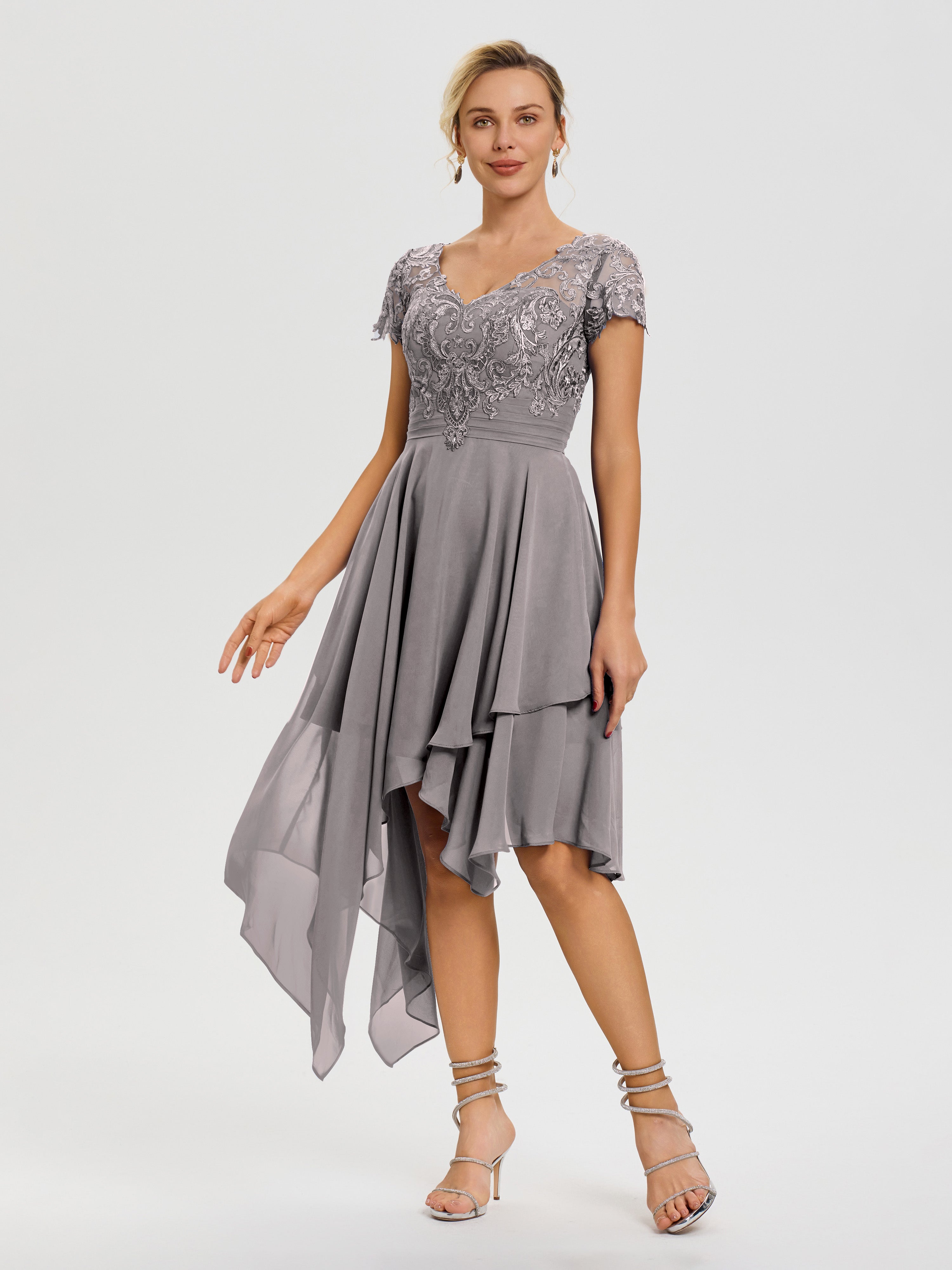 Silver Mother Of The Bride Dress With Sleeves Asymmetrical Sleeves A-Line V-Neck Lace Knee Length Chiffon Mother Of The Bride Dress