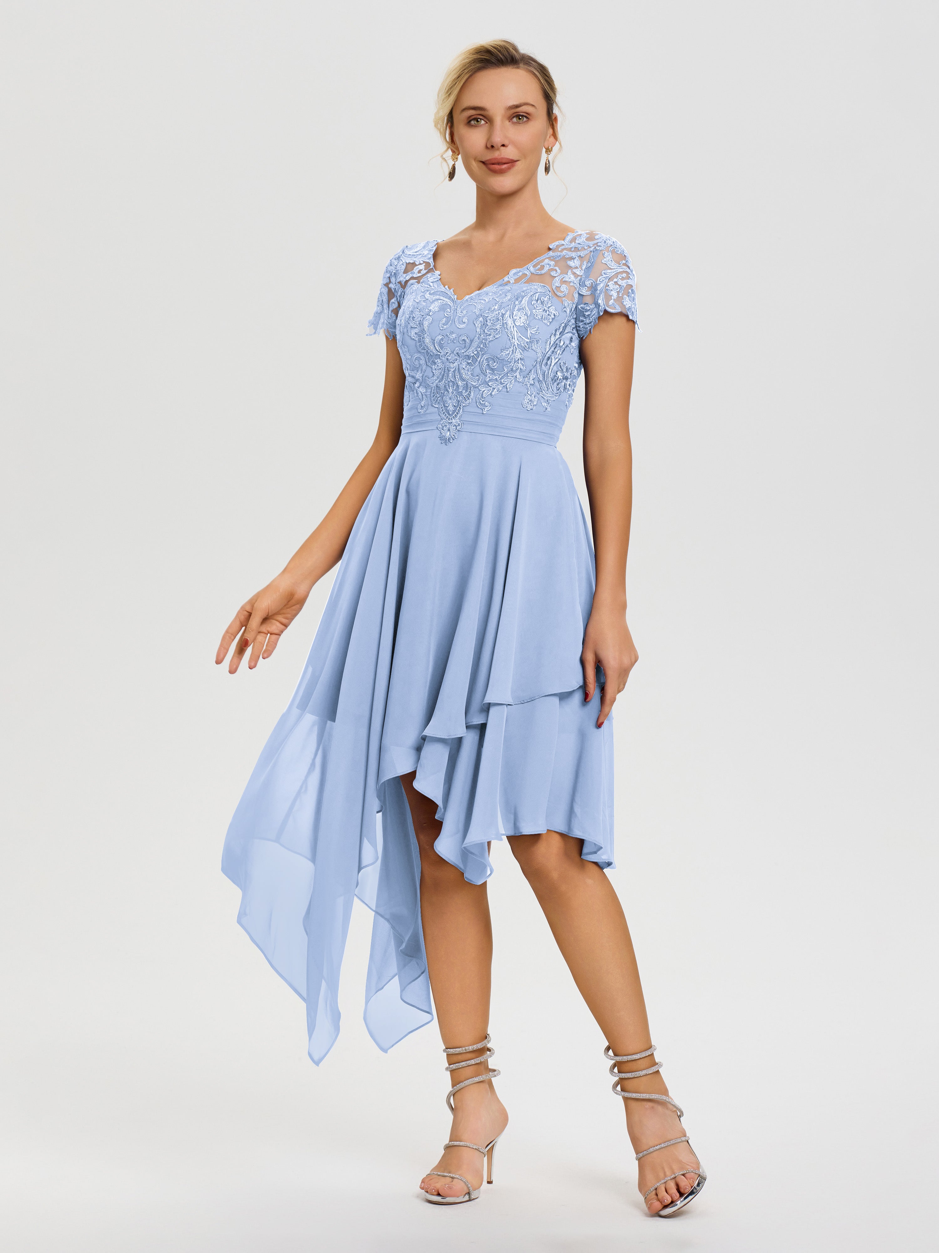 Sky Blue Mother Of The Bride Dresses Asymmetrical Sleeves A-Line V-Nec Sky Blue Mother Of The Bride Dresses Asymmetrical Sleeves A-Line V-Nec
