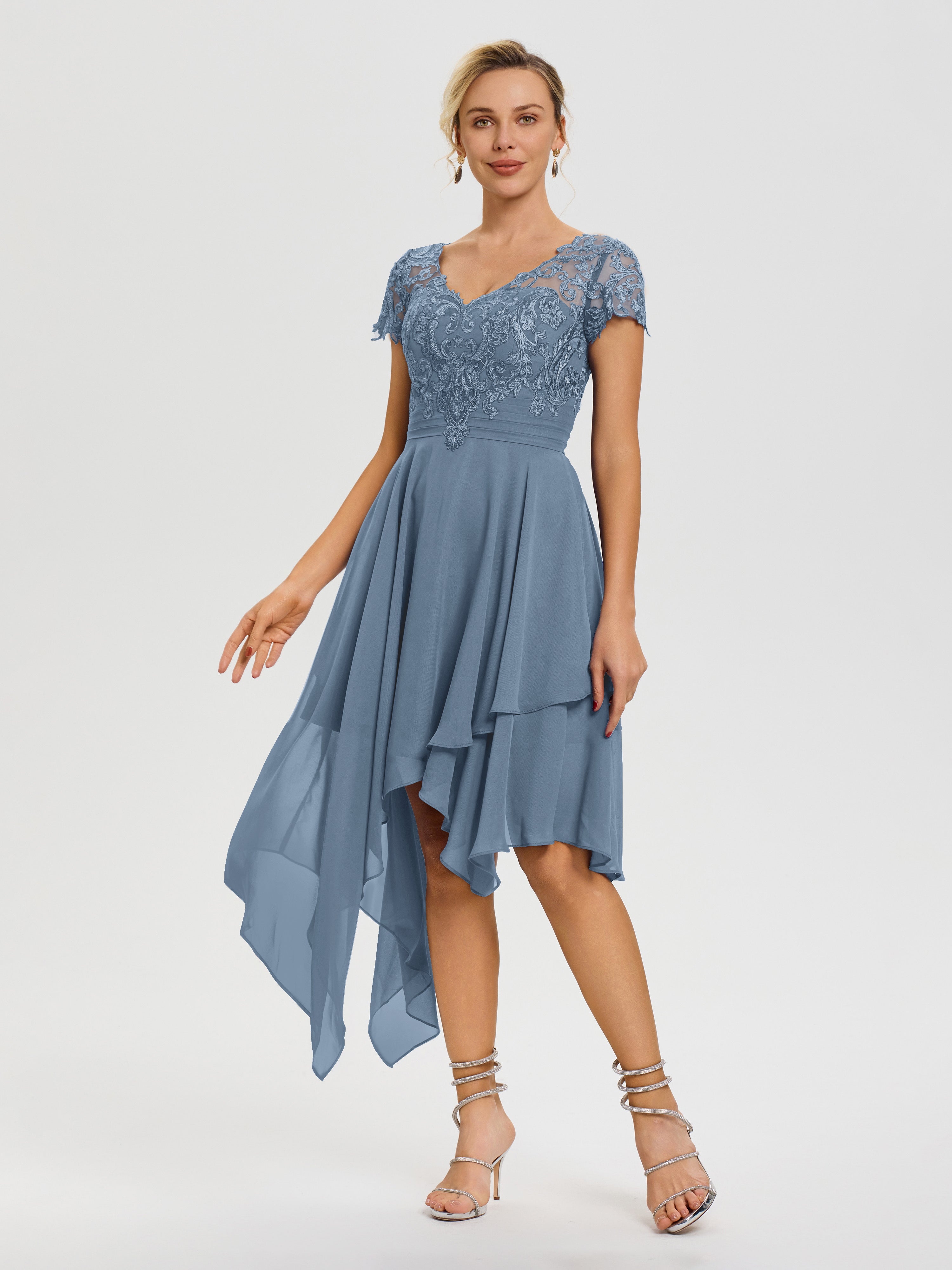 Slate Blue Mother Of The Bride Asymmetrical Sleeves A-Line V-Neck Lace Slate Blue Mother Of The Bride Asymmetrical Sleeves A-Line V-Neck Lace