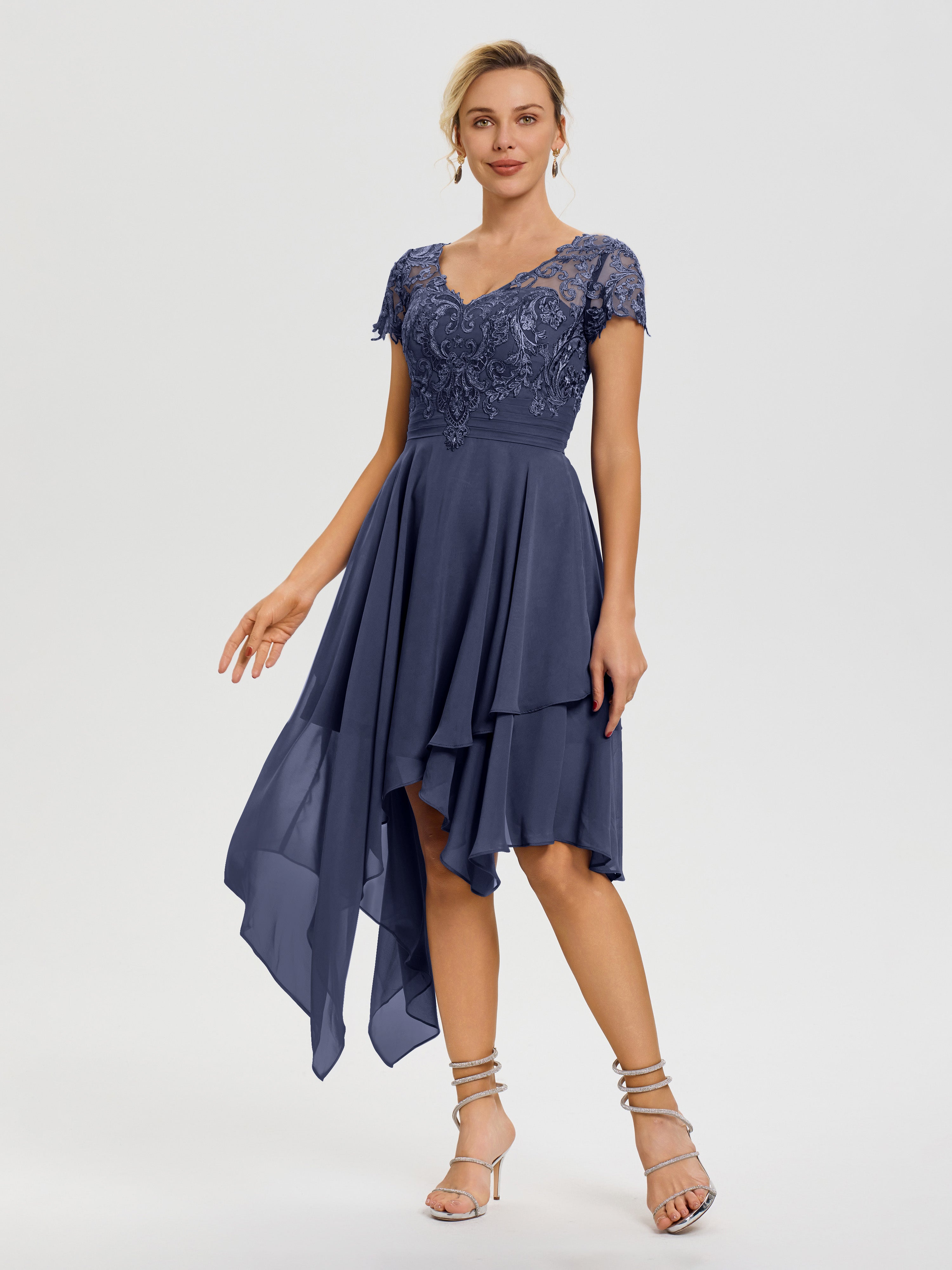 Mother of The Bride Dress Stormy Asymmetrical Sleeves A-Line V-Neck Lace Knee Length Chiffon Mother of The Bride Dress Mother of The Bride Dress Stormy Asymmetrical Sleeves A-Line V-Neck Lace Knee Length Chiffon Mother of The Bride Dress