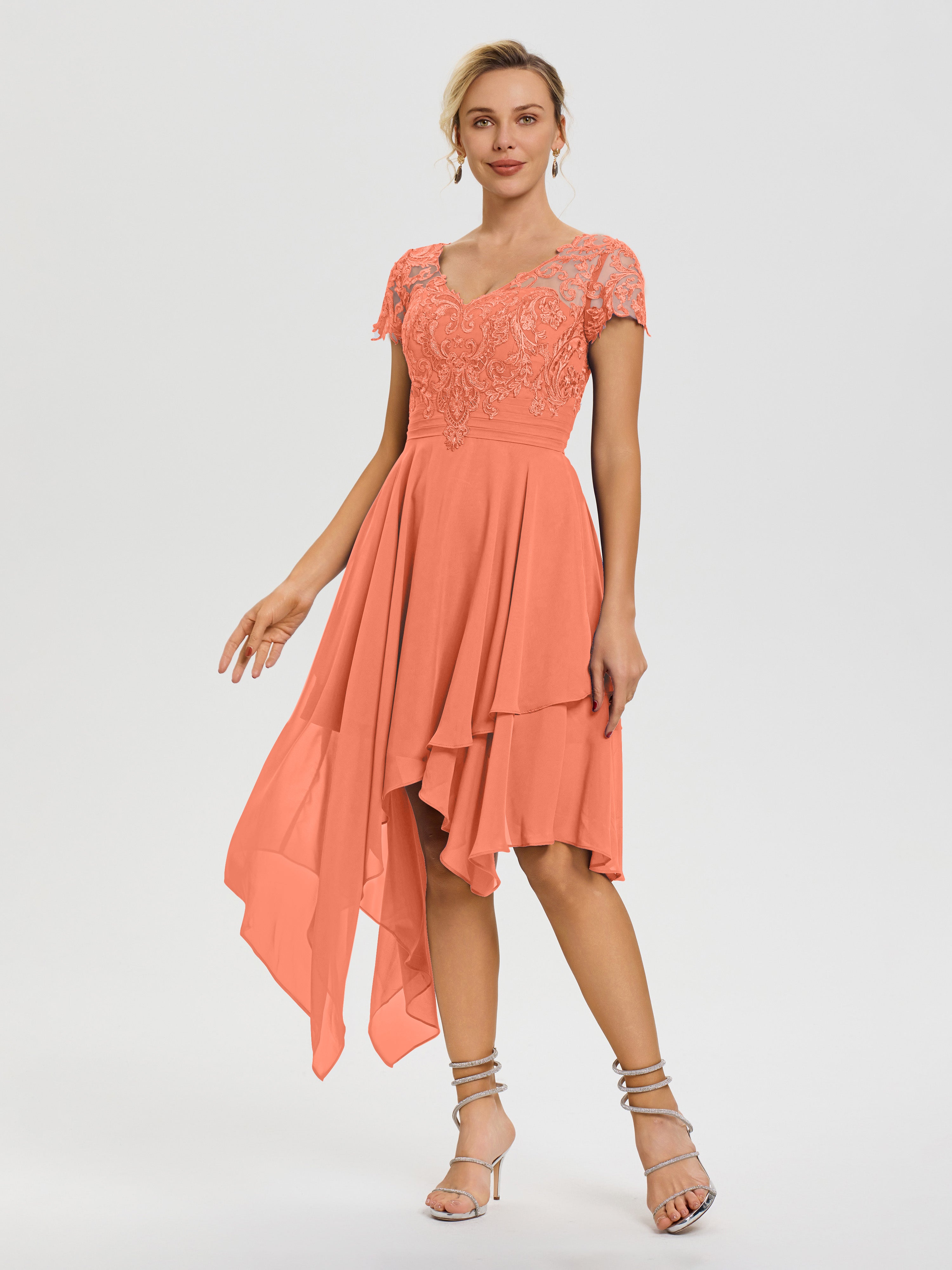 Mother Of The Bride Dresses In Sunset Asymmetrical Sleeves A-Line V-Neck Lace Knee Length Chiffon Mother Of The Bride Dress Mother Of The Bride Dresses In Sunset Asymmetrical Sleeves A-Line V-Neck Lace Knee Length Chiffon Mother Of The Bride Dress