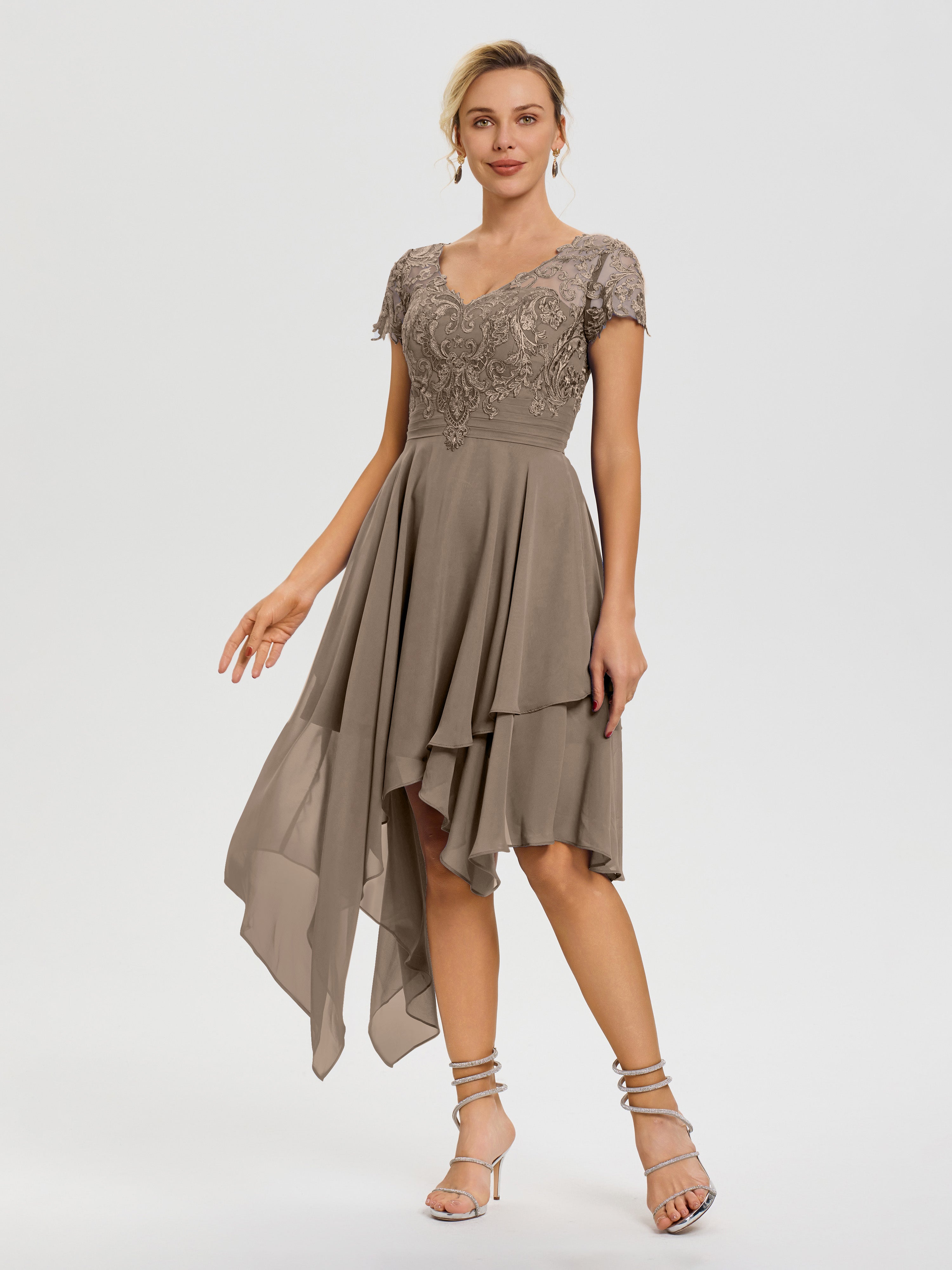 Taupe Mother Of The Bride Dress Asymmetrical Sleeves A-Line V-Neck Lace Knee Length Chiffon Mother Of The Bride Dress
