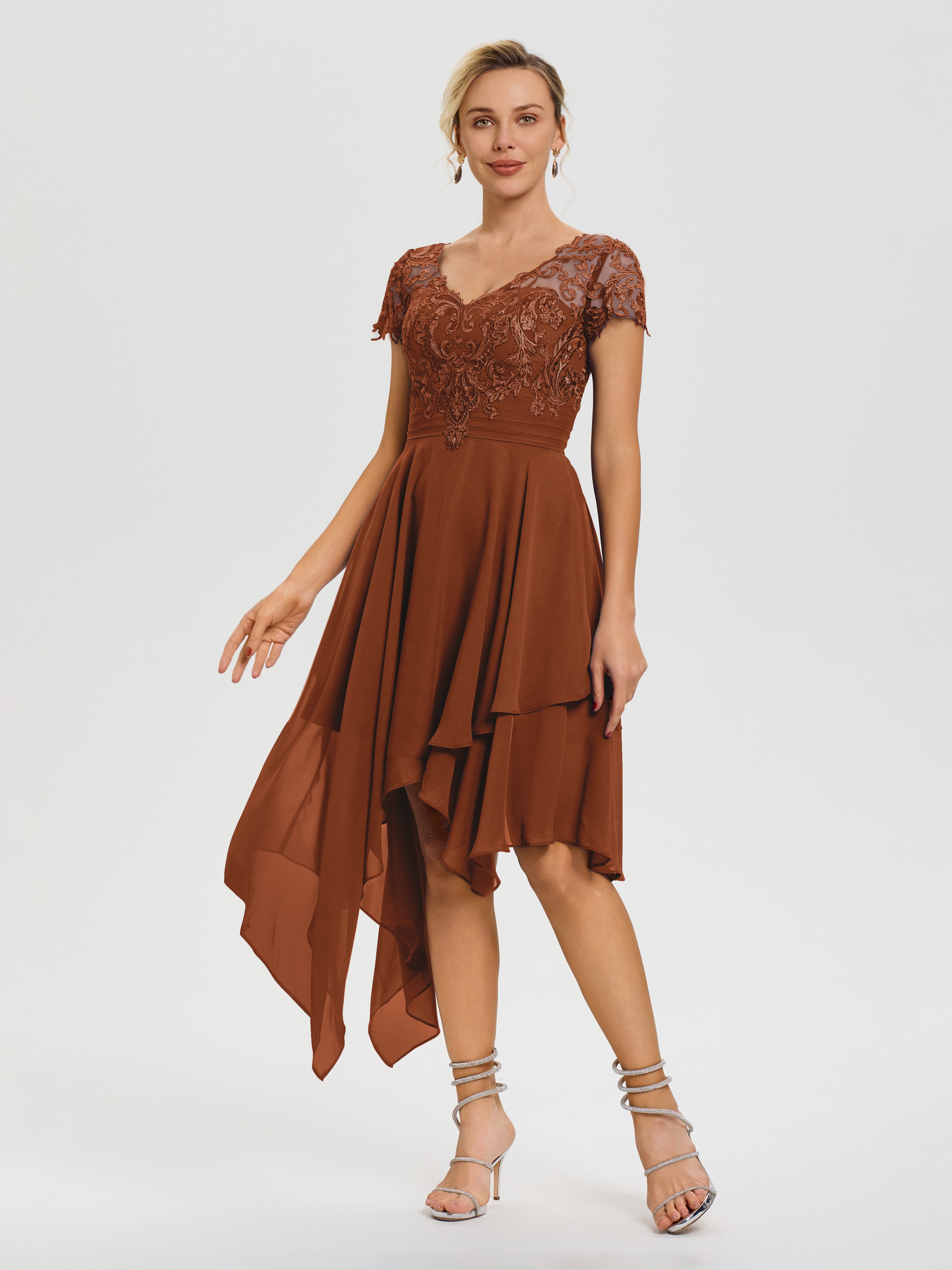 Terracotta Mother Of The Bride Asymmetrical Sleeves A-Line V-Neck Lace Knee Length Chiffon Mother Of The Bride Dress Terracotta Mother Of The Bride Asymmetrical Sleeves A-Line V-Neck Lace Knee Length Chiffon Mother Of The Bride Dress