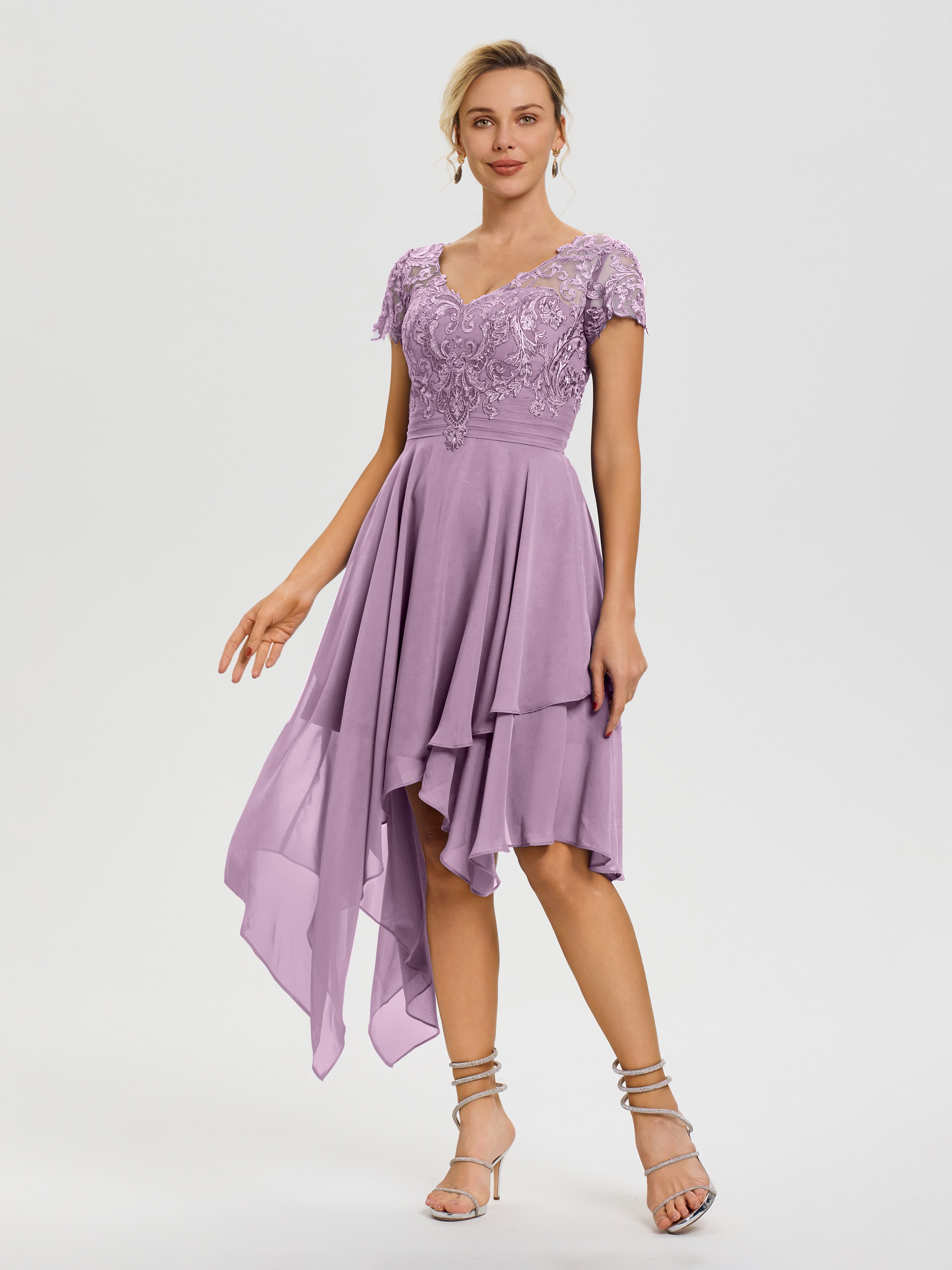 Wisteria Mother Of The Bride Dresses Asymmetrical Sleeves A-Line V-Neck Lace Knee Length Chiffon Mother Of The Bride Dress