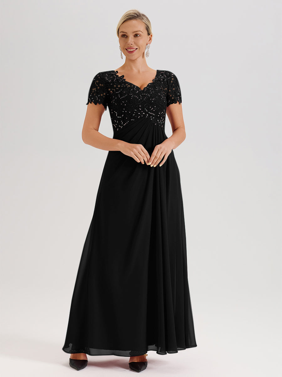 Cicinia Black Mother Of The Bride Dress Long Chiffon Lace A-line Short Sleeves
