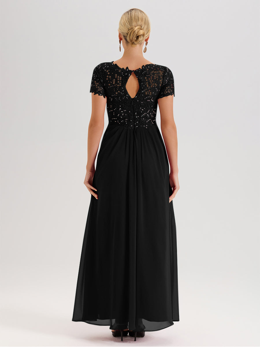 Cicinia Black Mother Of The Bride Dress Long Chiffon Lace A-line Short Sleeves