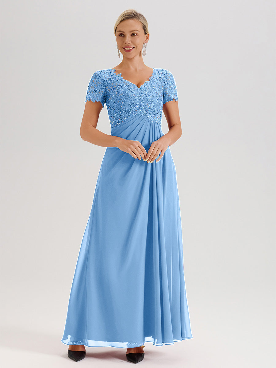 Cicinia Blue Mother Of The Bride Dress Long Chiffon Lace A-line Short Sleeves