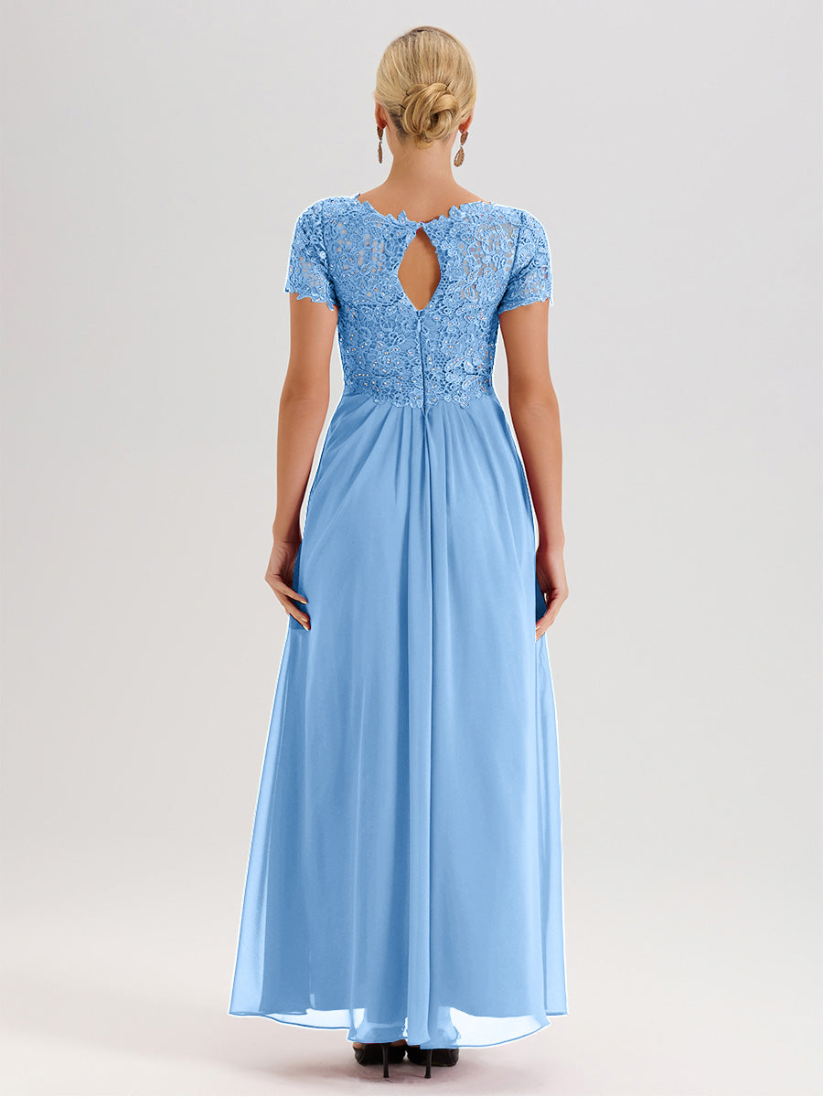 Cicinia Blue Mother Of The Bride Dress Long Chiffon Lace A-line Short Sleeves