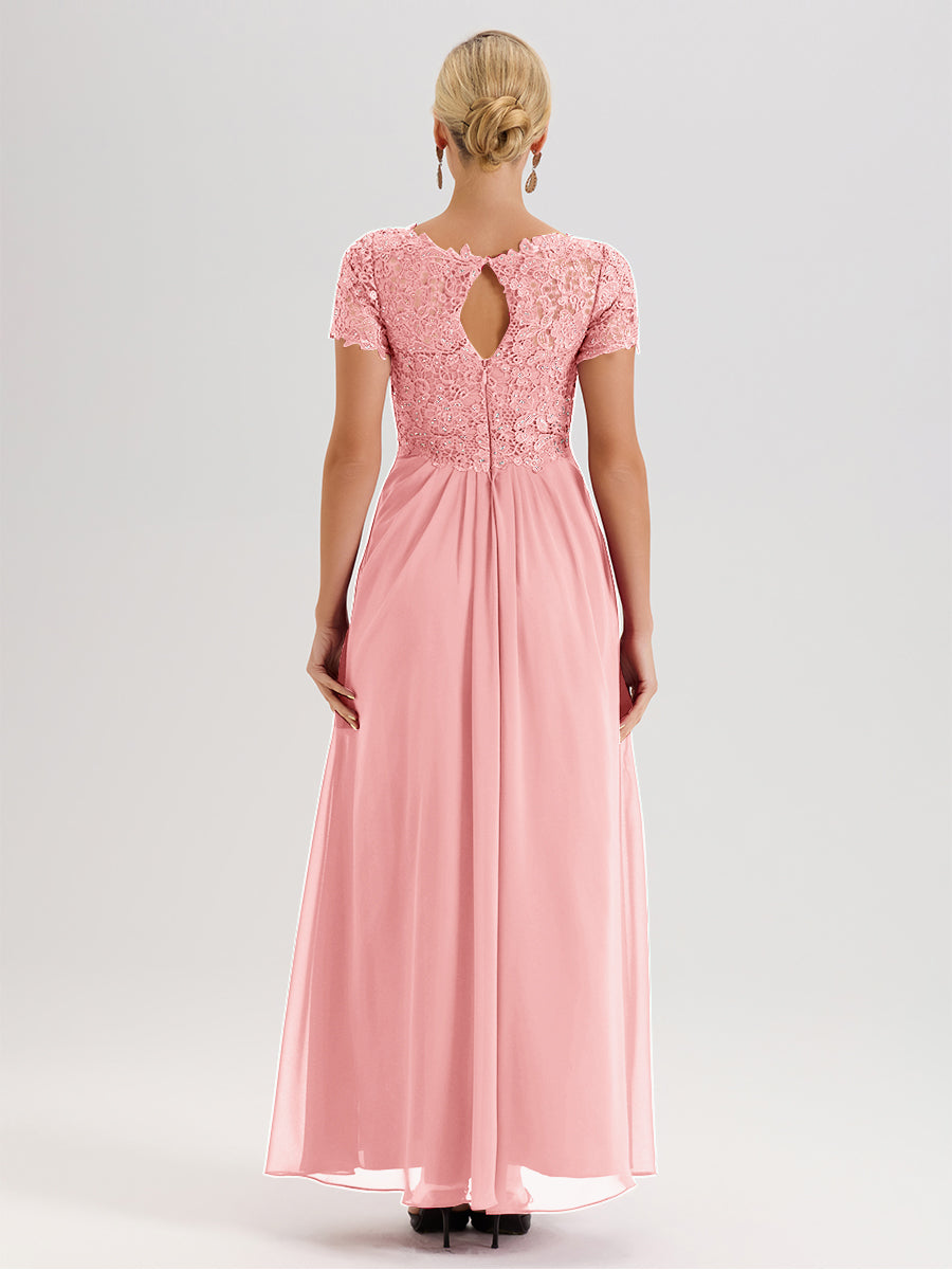 Cicinia Blush Mother Of The Bride Dress Long Chiffon Lace A-line Short Sleeves