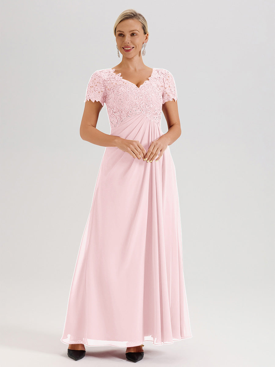 Cicinia Blushing Pink Mother Of The Bride Dress Long Chiffon Lace A-line Short Sleeves