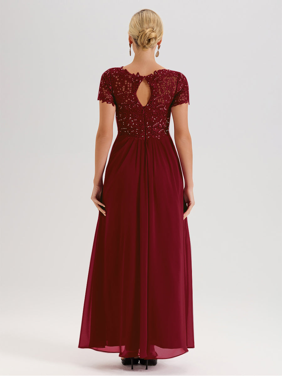 Cicinia Burgundy Mother Of The Bride Dress Long Chiffon Lace A-line Short Sleeves