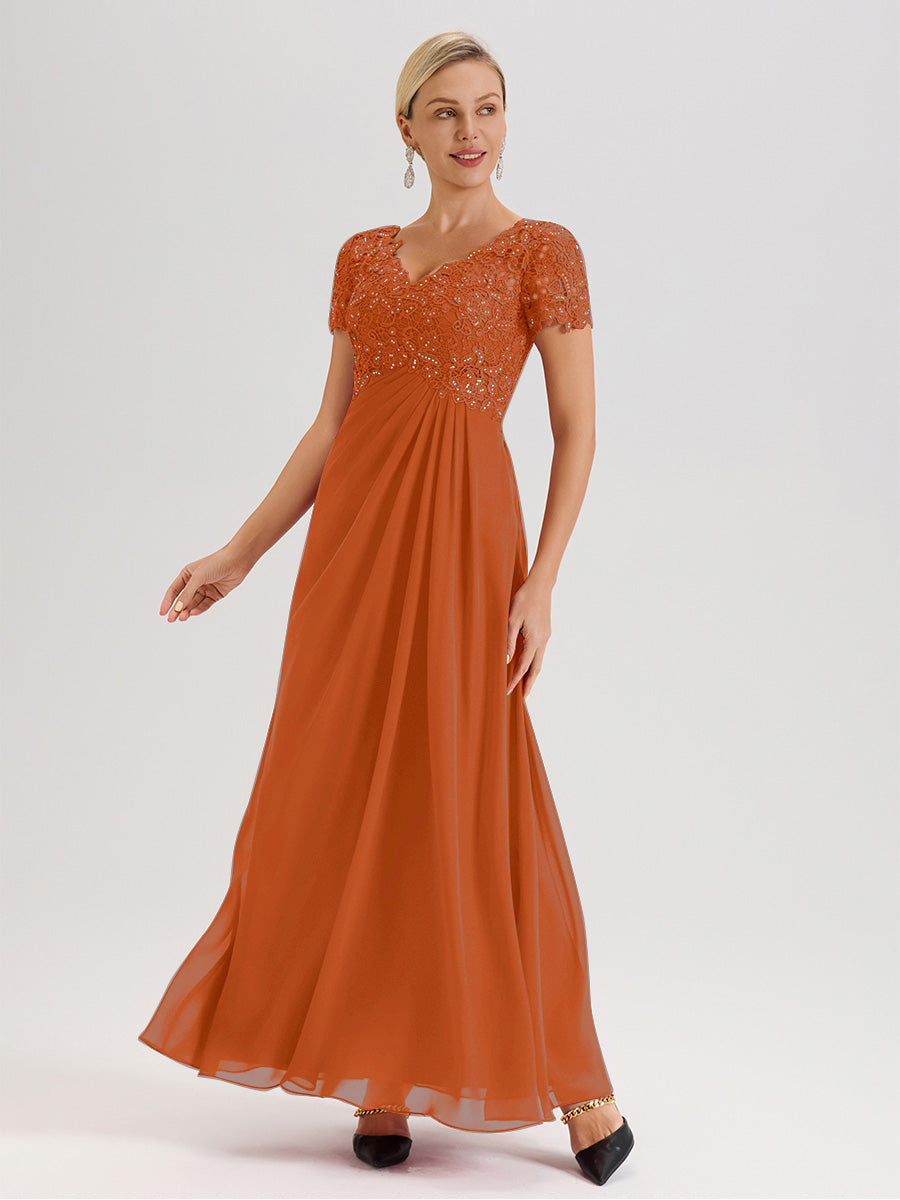 Cicinia Burnt Orange Mother Of The Bride Dress Long Chiffon Lace A-line Short Sleeves