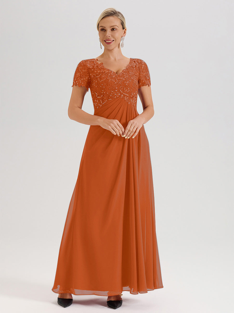 Cicinia Burnt Orange Mother Of The Bride Dress Long Chiffon Lace A-line Short Sleeves
