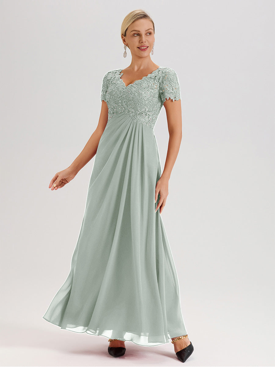 Cicinia Celadon Mother Of The Bride Dress Long Chiffon Lace A-line Short Sleeves