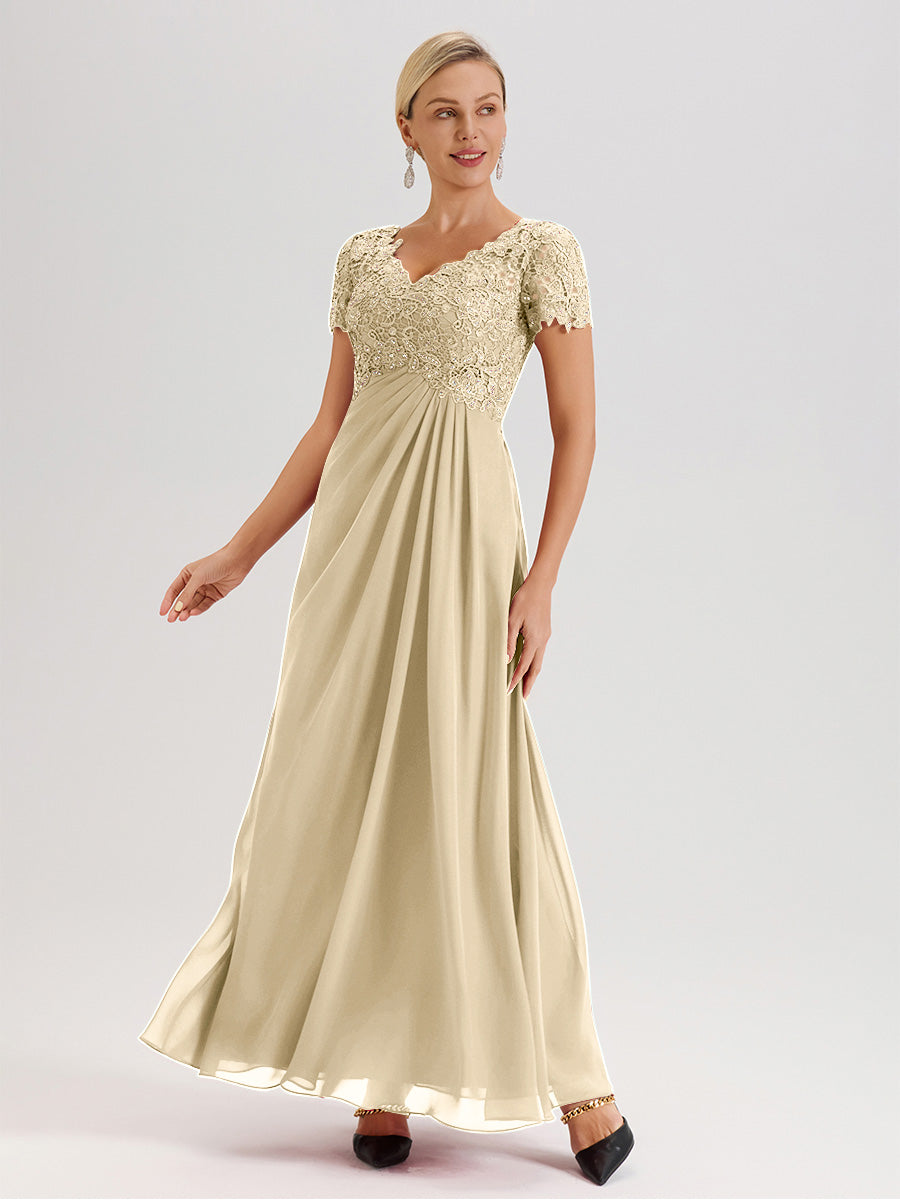 Cicinia Champagne Mother Of The Bride Dress Long Chiffon Lace A-line Short Sleeves