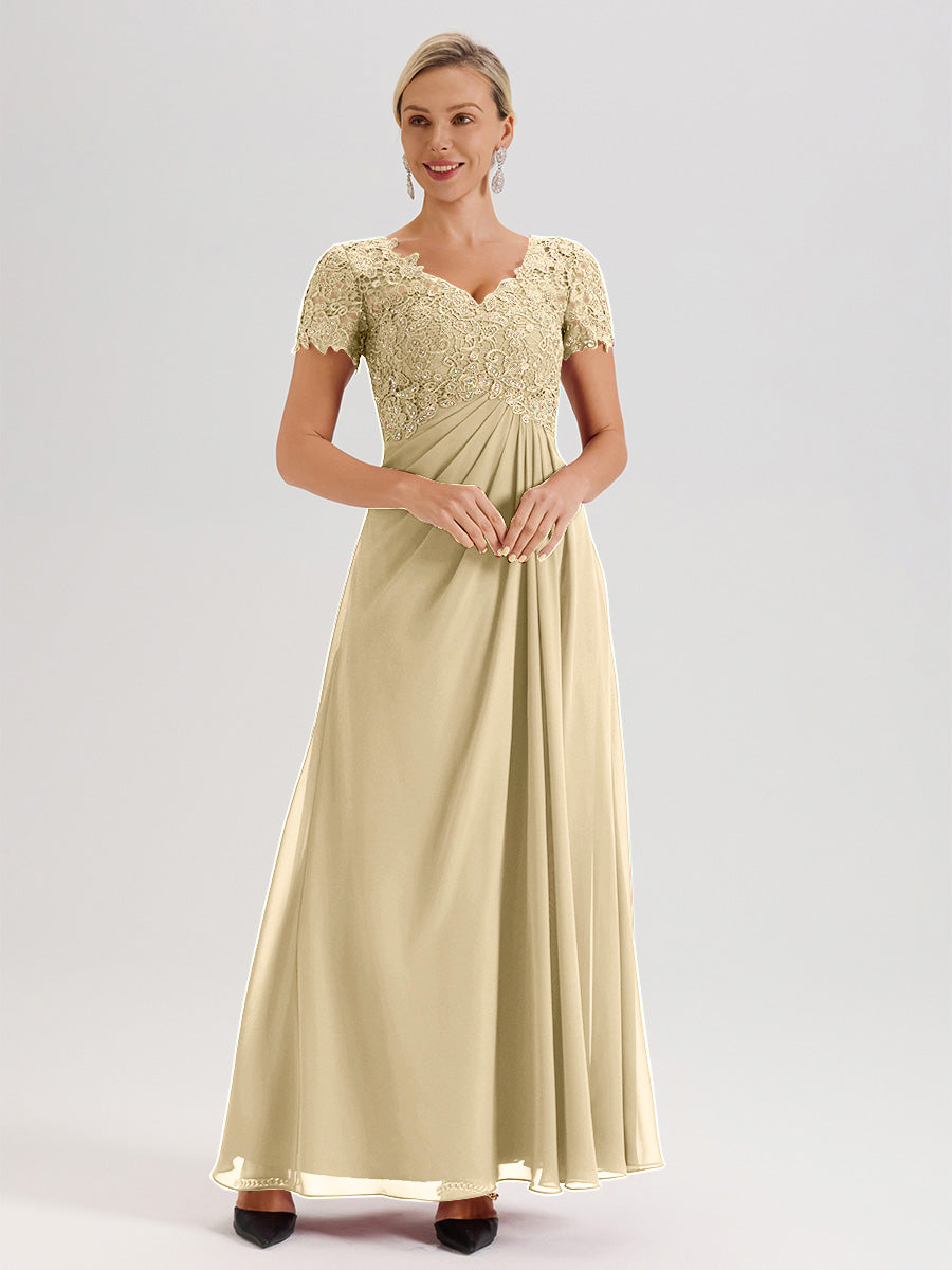 Cicinia Champagne Mother Of The Bride Dress Long Chiffon Lace A-line Short Sleeves