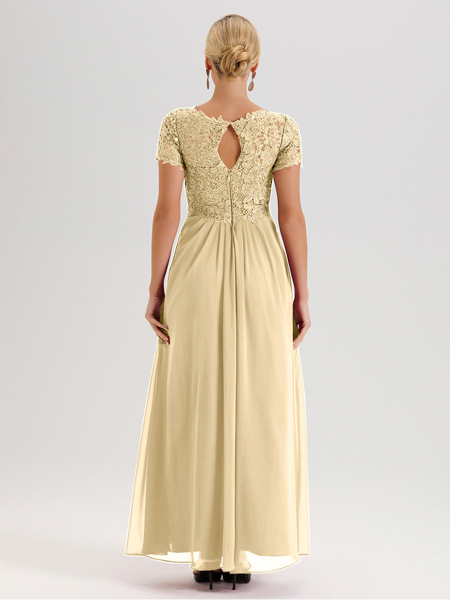 Cicinia Champagne Mother Of The Bride Dress Long Chiffon Lace A-line Short Sleeves