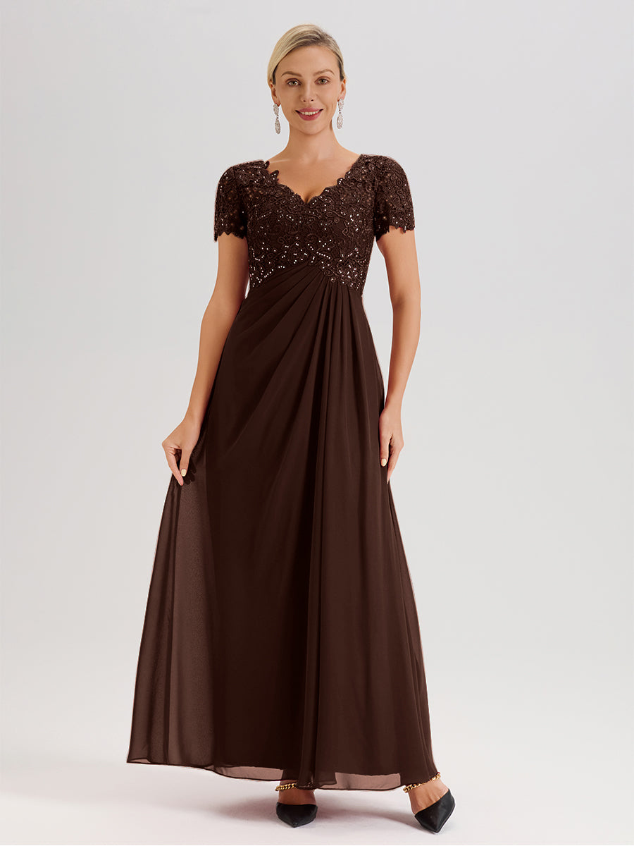 Cicinia Chocolate Mother Of The Groom Dress With Sleeves Long Chiffon Lace Beaded A-line High Low Hemline main image 1