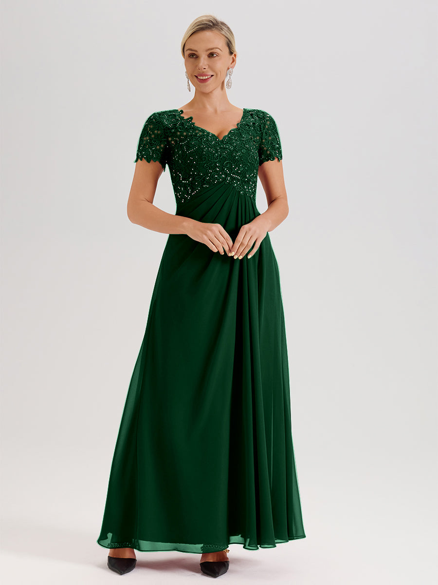 Cicinia Dark Green Mother Of The Bride Dress Long Chiffon Lace A-line Short Sleeves