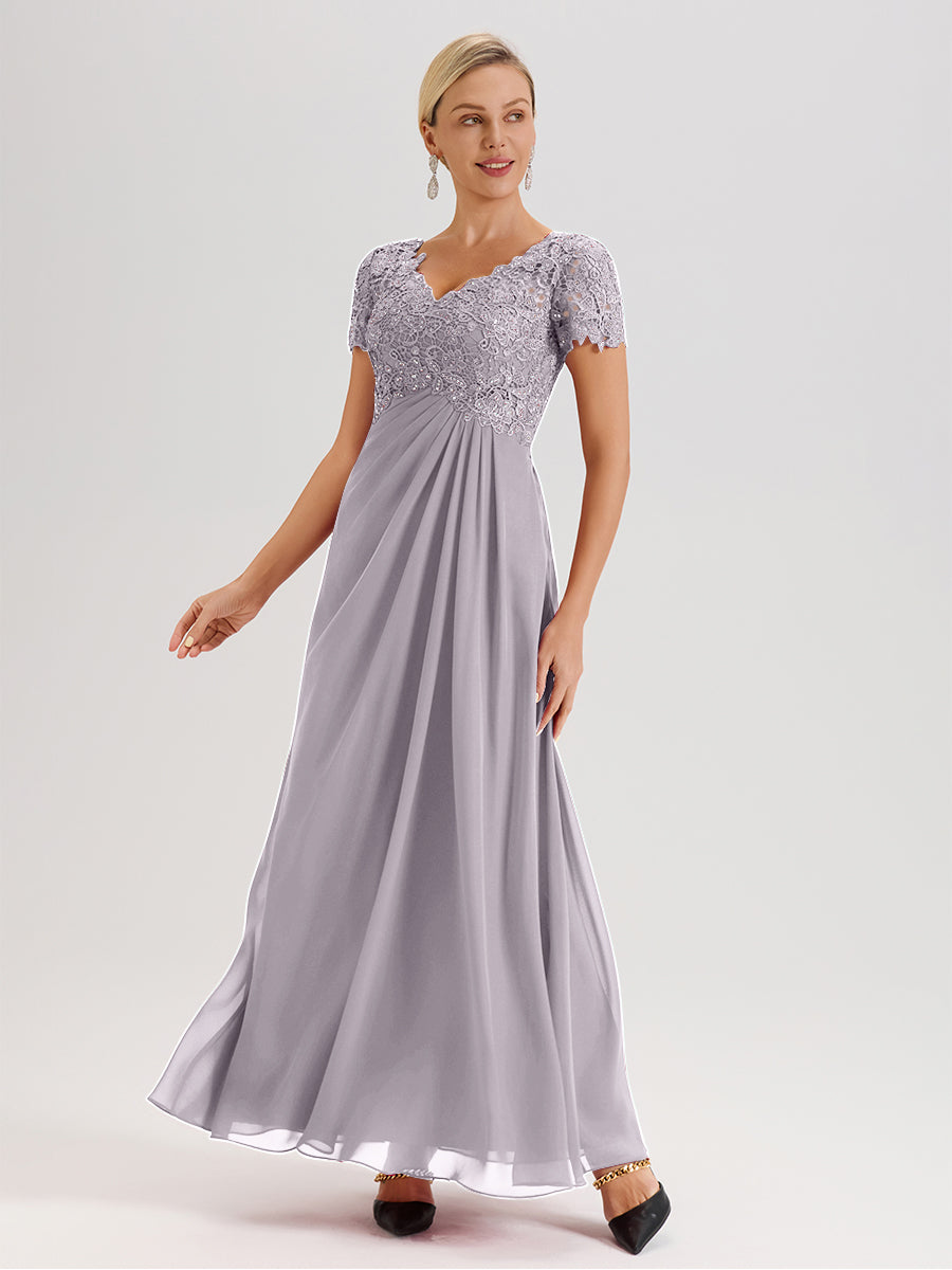 Cicinia Dusk Mother Of The Bride Dress Long Chiffon Lace A-line Short Sleeves