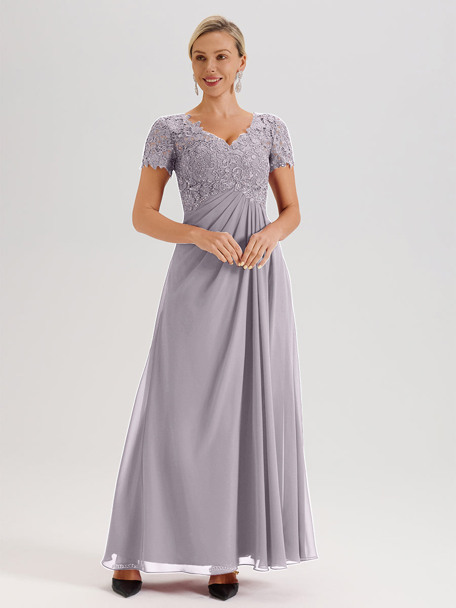 Cicinia Dusk Mother Of The Bride Dress Long Chiffon Lace A-line Short Sleeves
