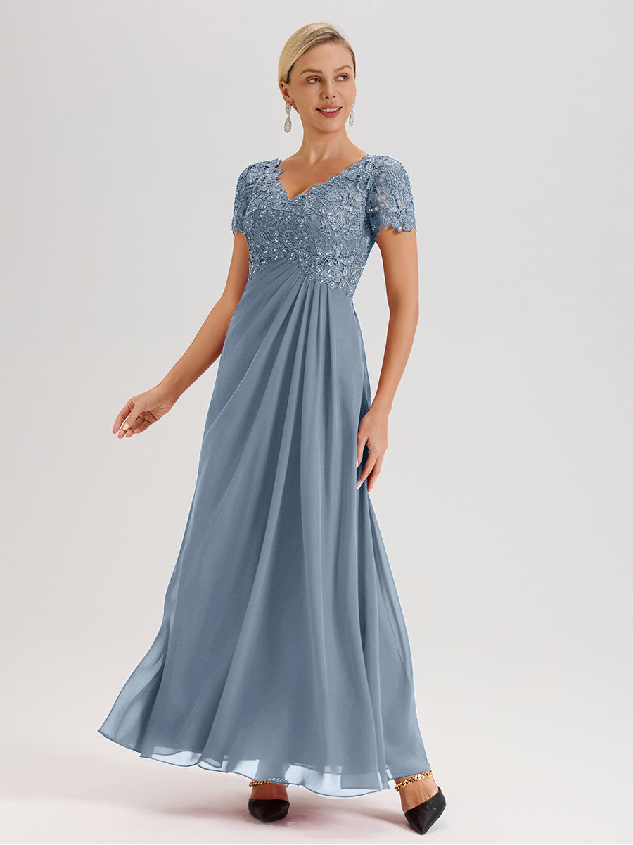 Cicinia Dusty Blue Mother Of The Bride Dress Long Chiffon Lace A-line Short Sleeves