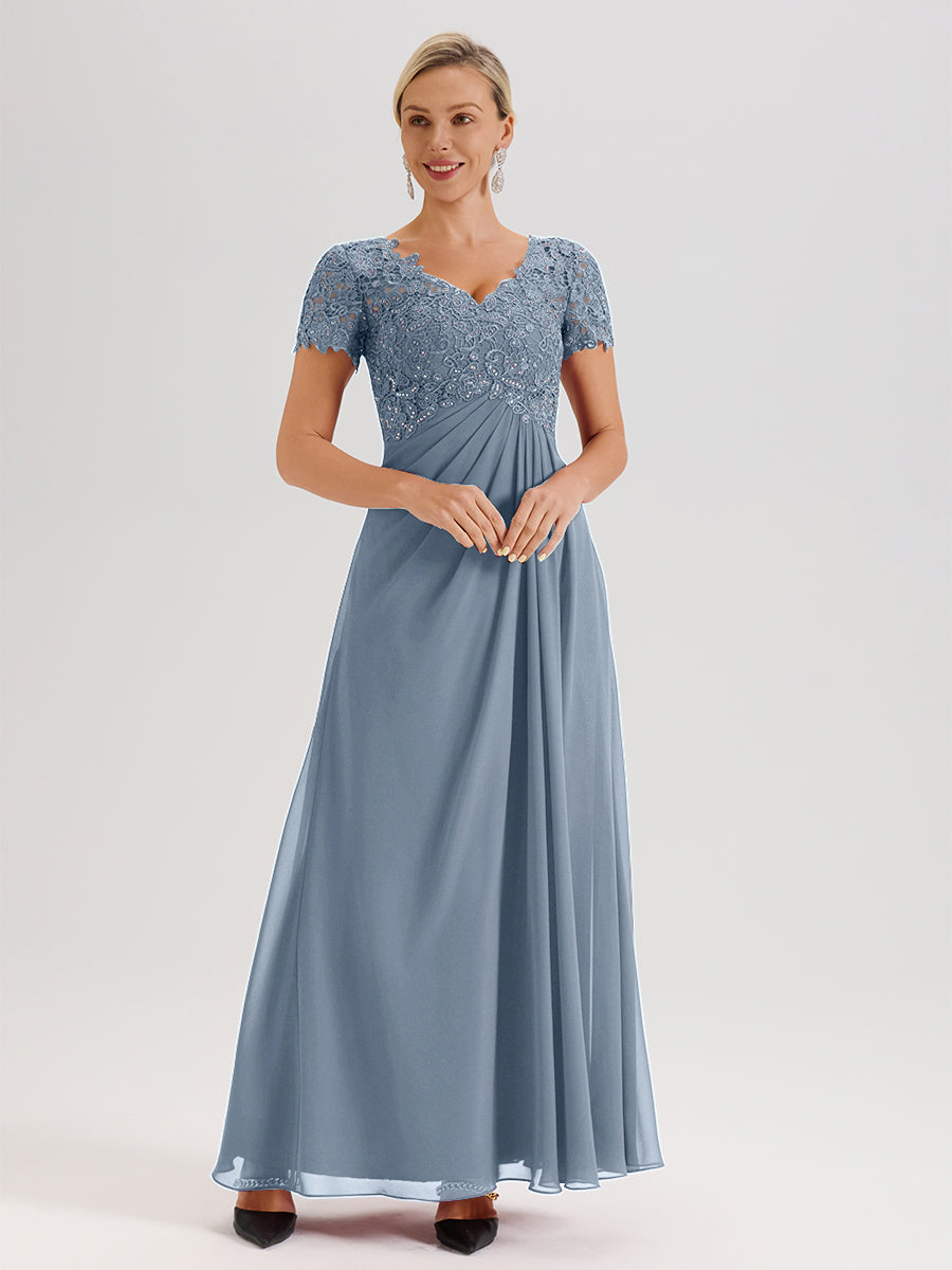 Cicinia Dusty Blue Mother Of The Bride Dress Long Chiffon Lace A-line Short Sleeves