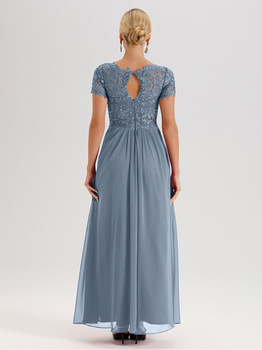Cicinia Dusty Blue Mother Of The Bride Dress Long Chiffon Lace A-line Short Sleeves
