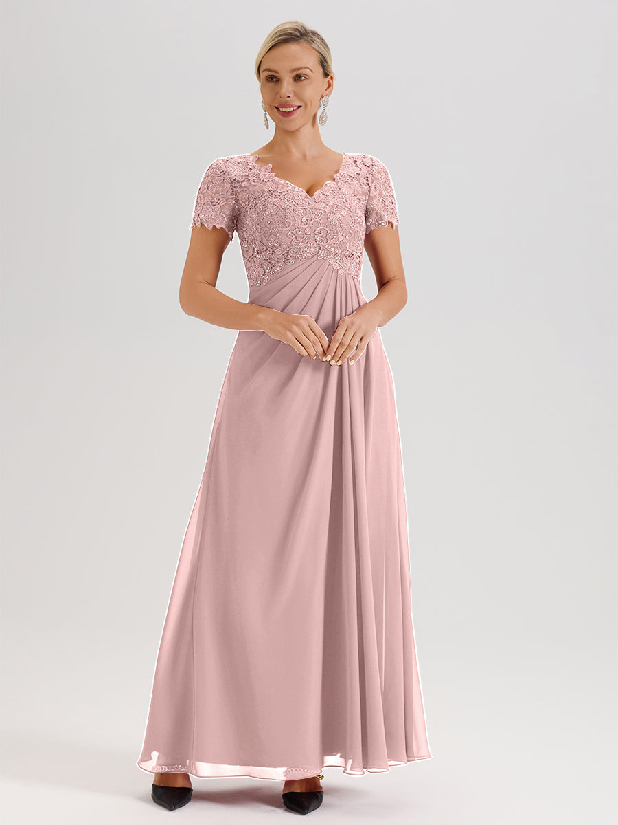 Cicinia Dusty Rose Mother Of The Bride Dress Long Chiffon Lace A-line Short Sleeves