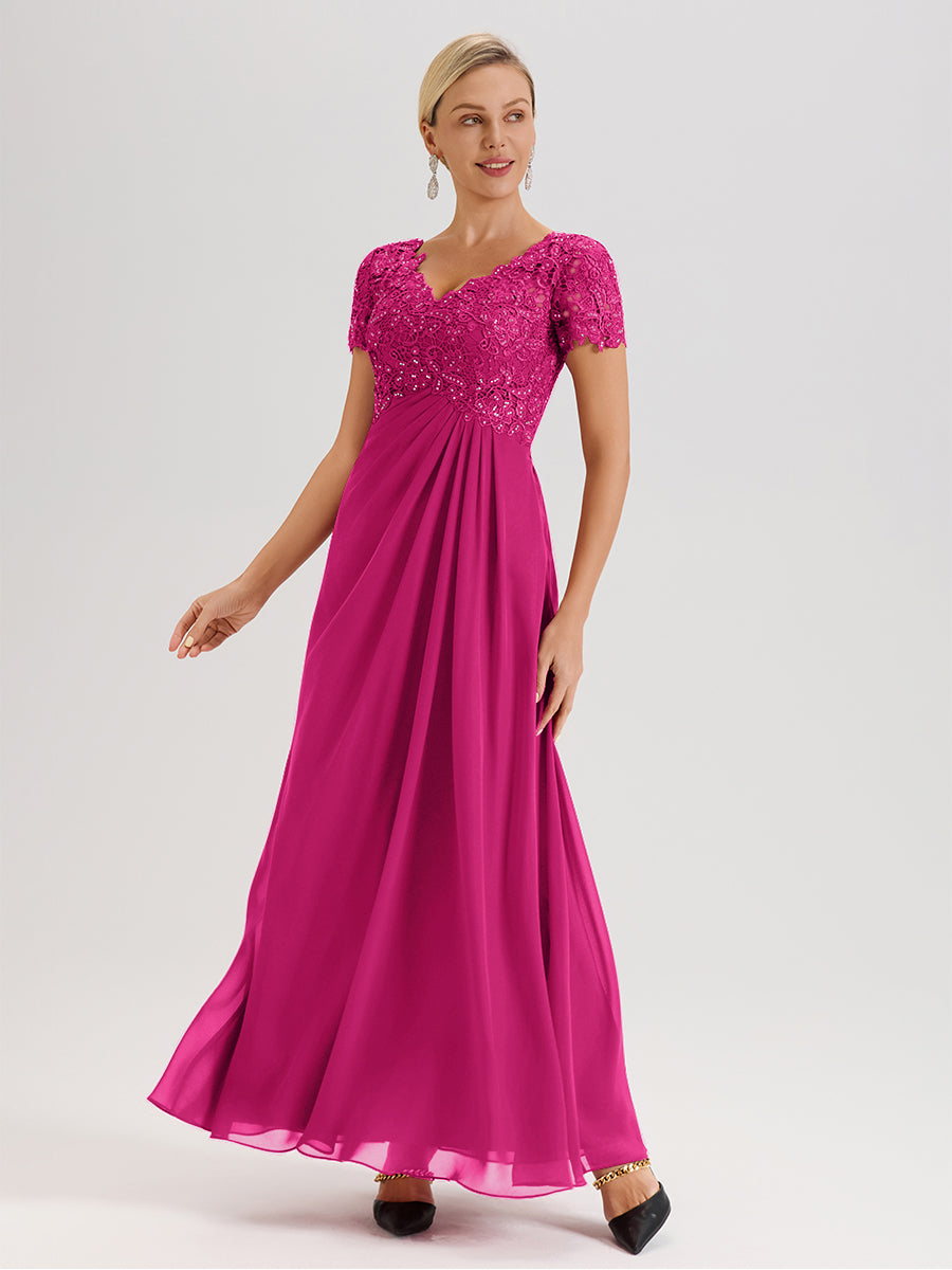 Cicinia Fuchsia Mother Of The Bride Dress Long Chiffon Lace A-line Short Sleeves