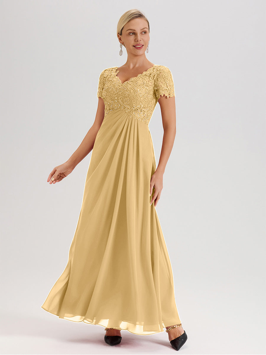 Cicinia Gold Mother Of The Bride Dress Long Chiffon Lace A-line Short Sleeves