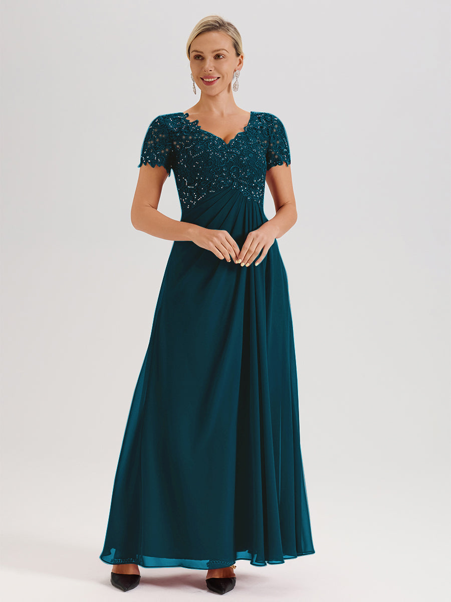 Cicinia Ink Blue Mother Of The Bride Dress Long Chiffon Lace A-line Short Sleeves