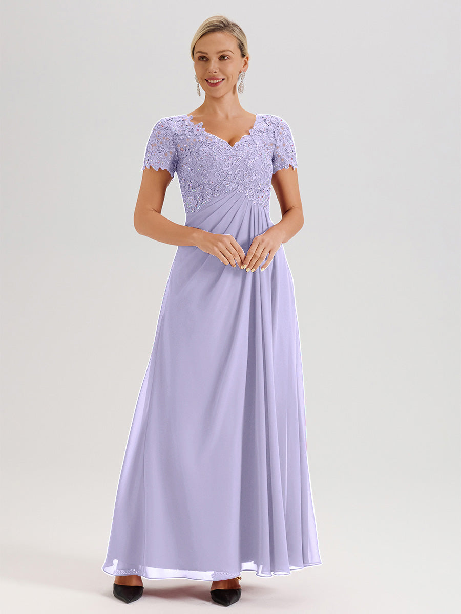 Cicinia Lilac Mother Of The Bride Dress Long Chiffon Lace A-line Short Sleeves