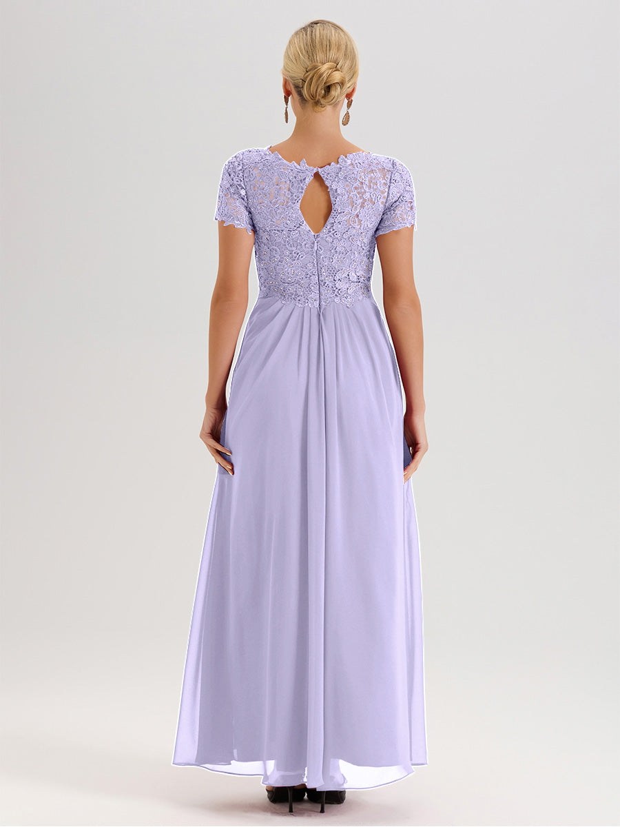 Cicinia Lilac Mother Of The Bride Dress Long Chiffon Lace A-line Short Sleeves