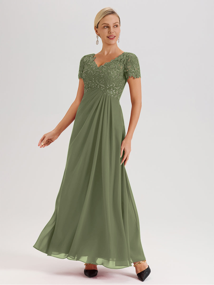 Cicinia Olive Green Mother Of The Bride Dress Long Chiffon Lace A-line Short Sleeves