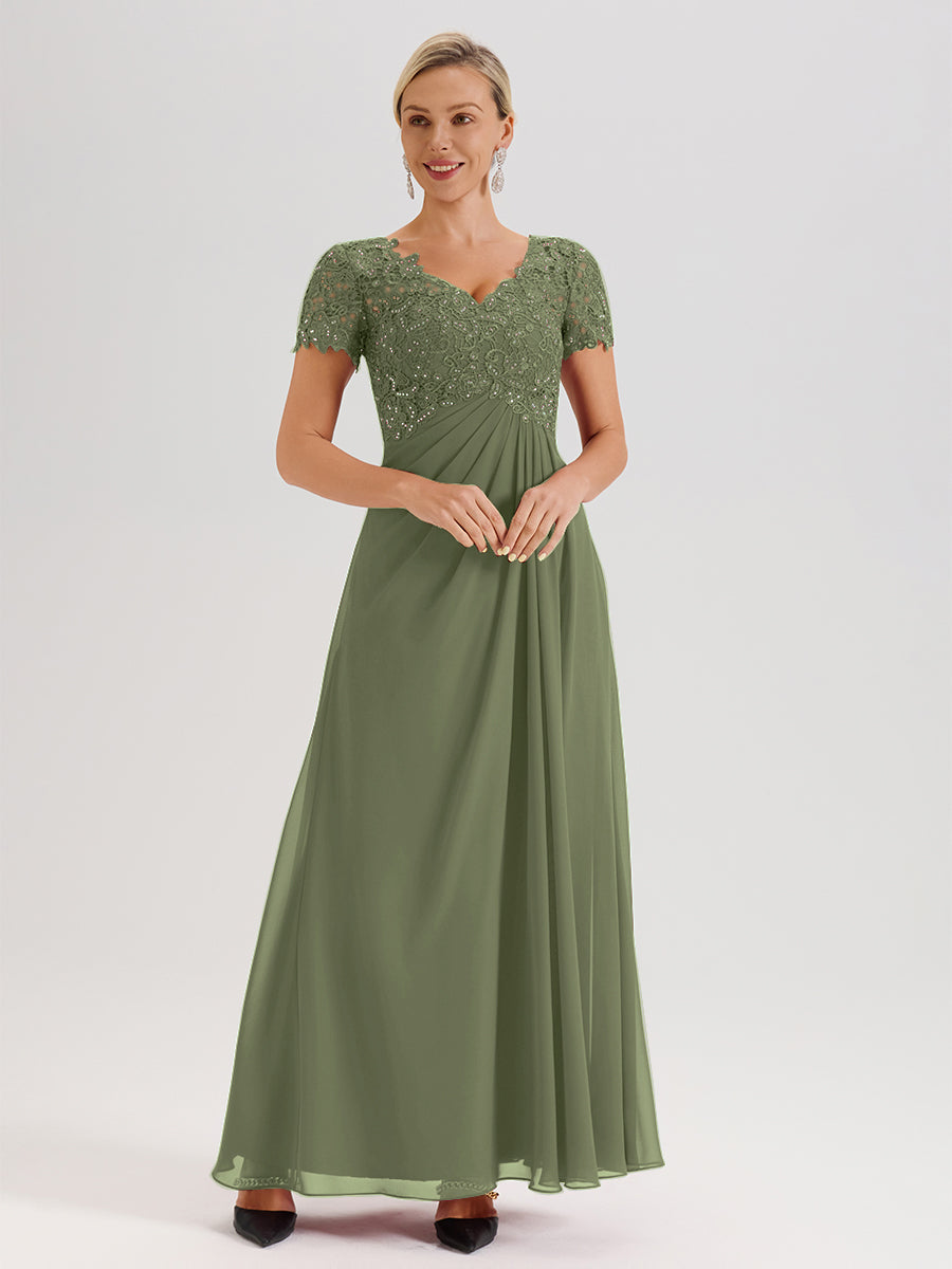 Cicinia Olive Green Mother Of The Bride Dress Long Chiffon Lace A-line Short Sleeves