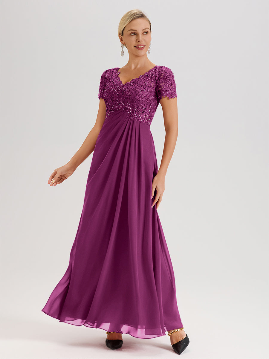 Cicinia Orchid Mother Of The Bride Dress Long Chiffon Lace A-line Short Sleeves