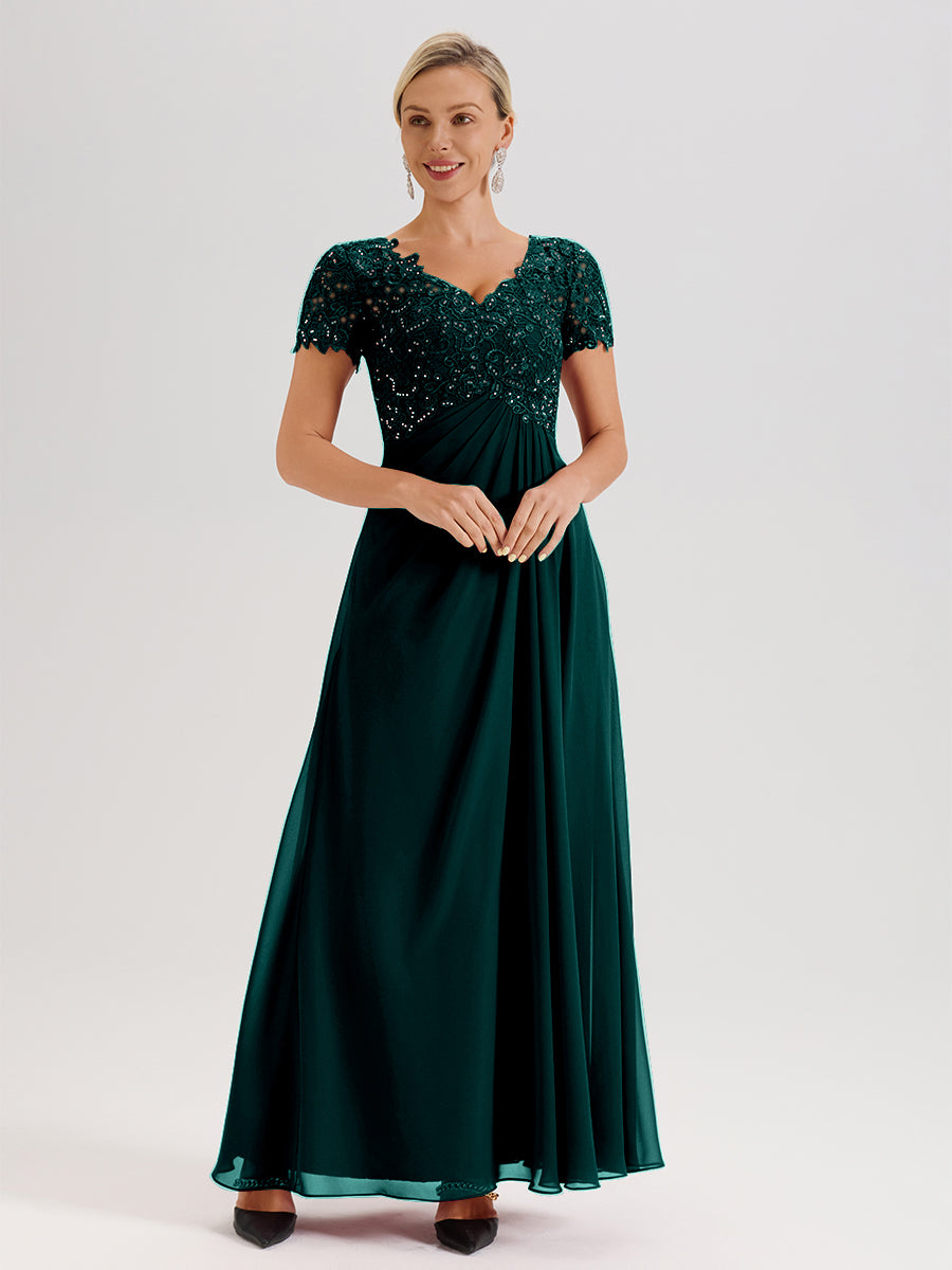 Cicinia Peacock Mother Of The Bride Dress Long Chiffon Lace A-line Short Sleeves