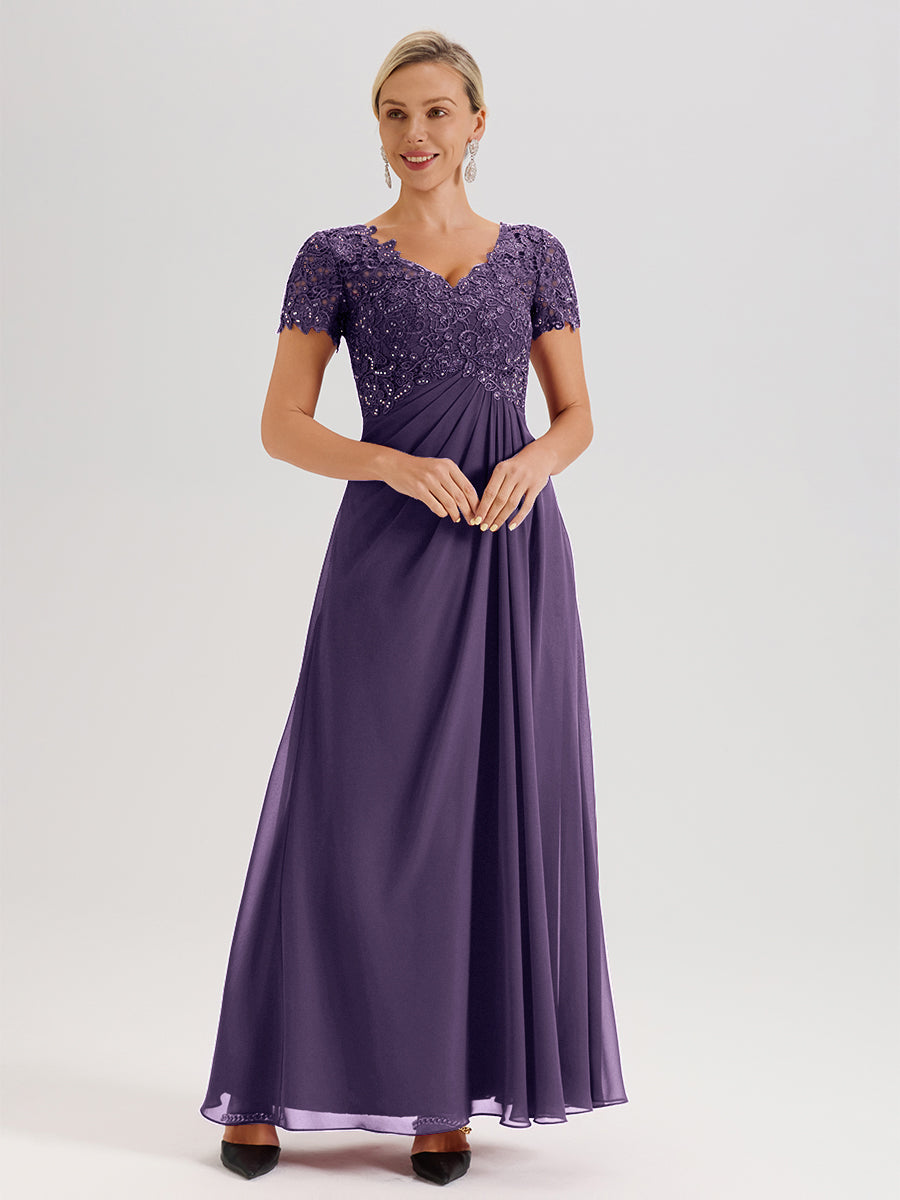Cicinia Plum Mother Of The Bride Dress Long Chiffon Lace A-line Short Sleeves