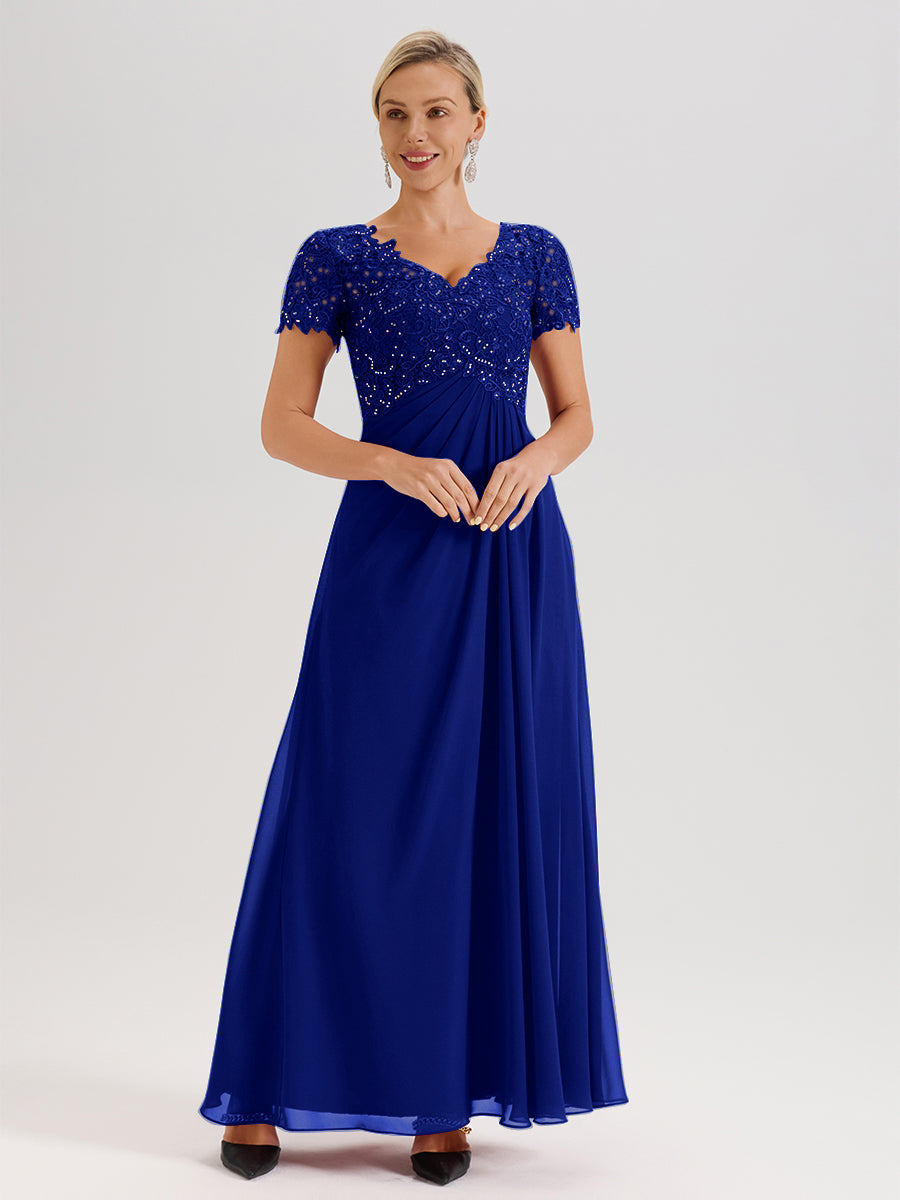 Cicinia Royal Blue Mother Of The Bride Dress Long Chiffon Lace A-line Short Sleeves