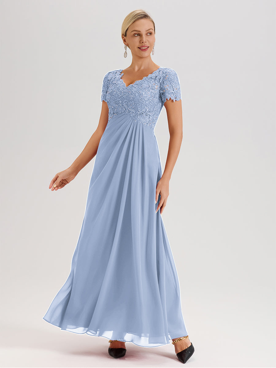 Cicinia Sky Blue Mother Of The Bride Dress Long Chiffon Lace A-line Short Sleeves